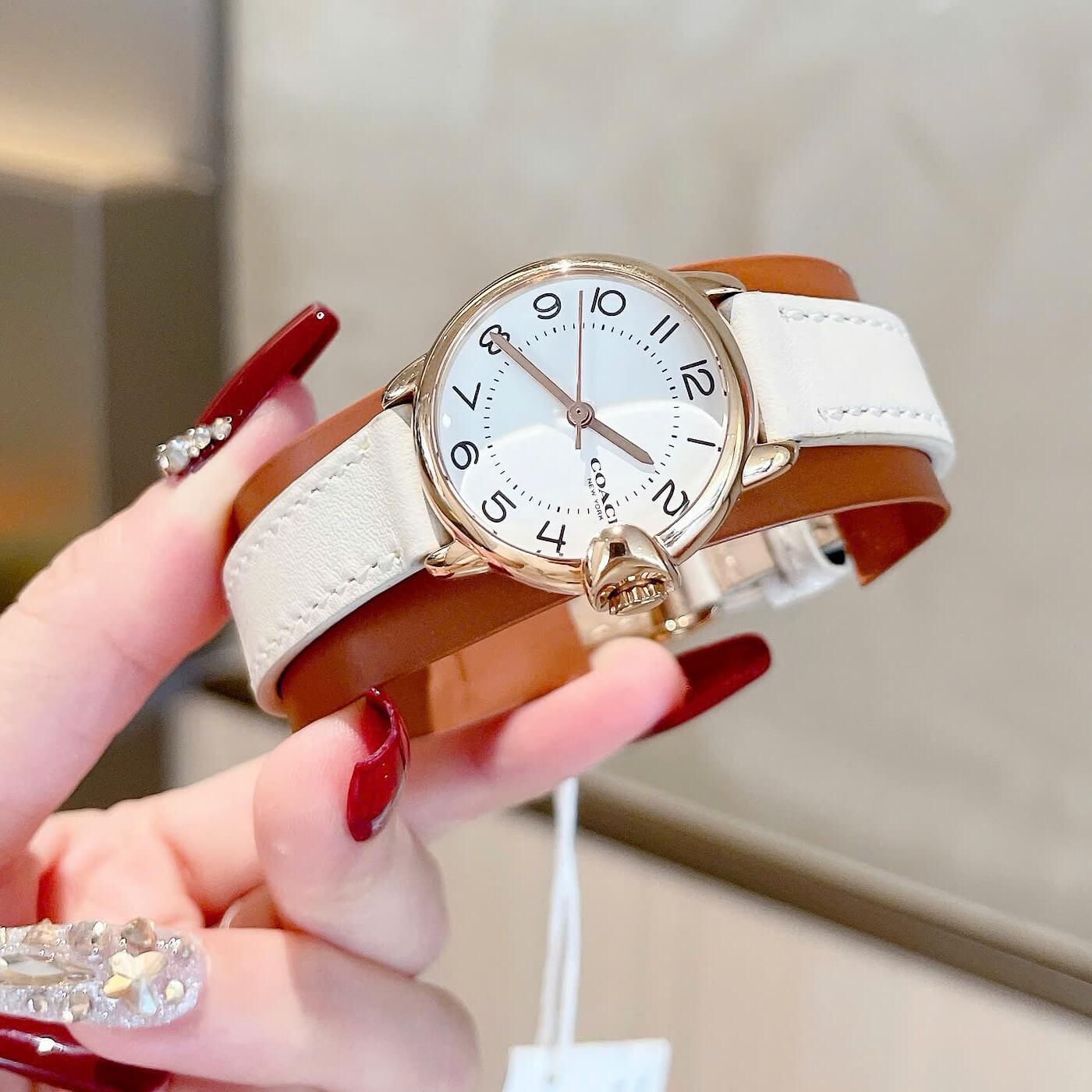 Đồng Hồ Nữ Coach Arden Size 28mm Dây Da Trắng Kem Mặt Trắng Vỏ Rose Quartz