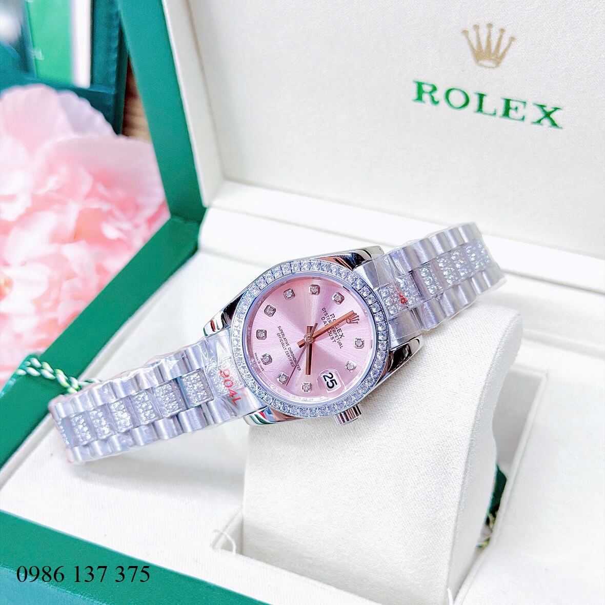 Đồng Hồ Nữ Rolex Datejust Viền Đá Mặt Hồng Dây Kim Loại Inox Đính Đá Máy Pin Size 31mm