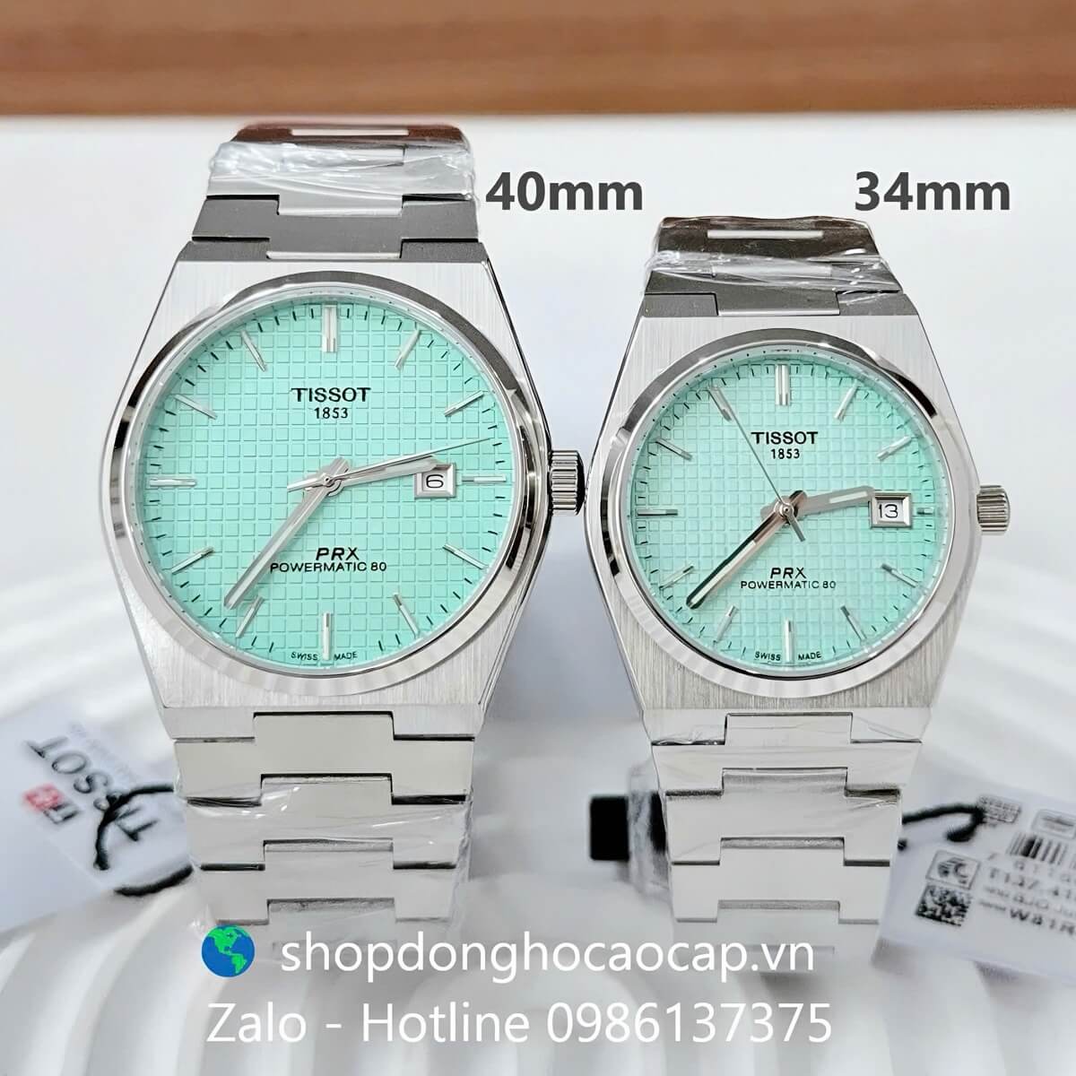 Đồng Hồ Cặp Nam Nữ Tissot PRX Máy Pin Mặt Xanh Mint Caro Dây Kim Loại Size 40mm - 34mm