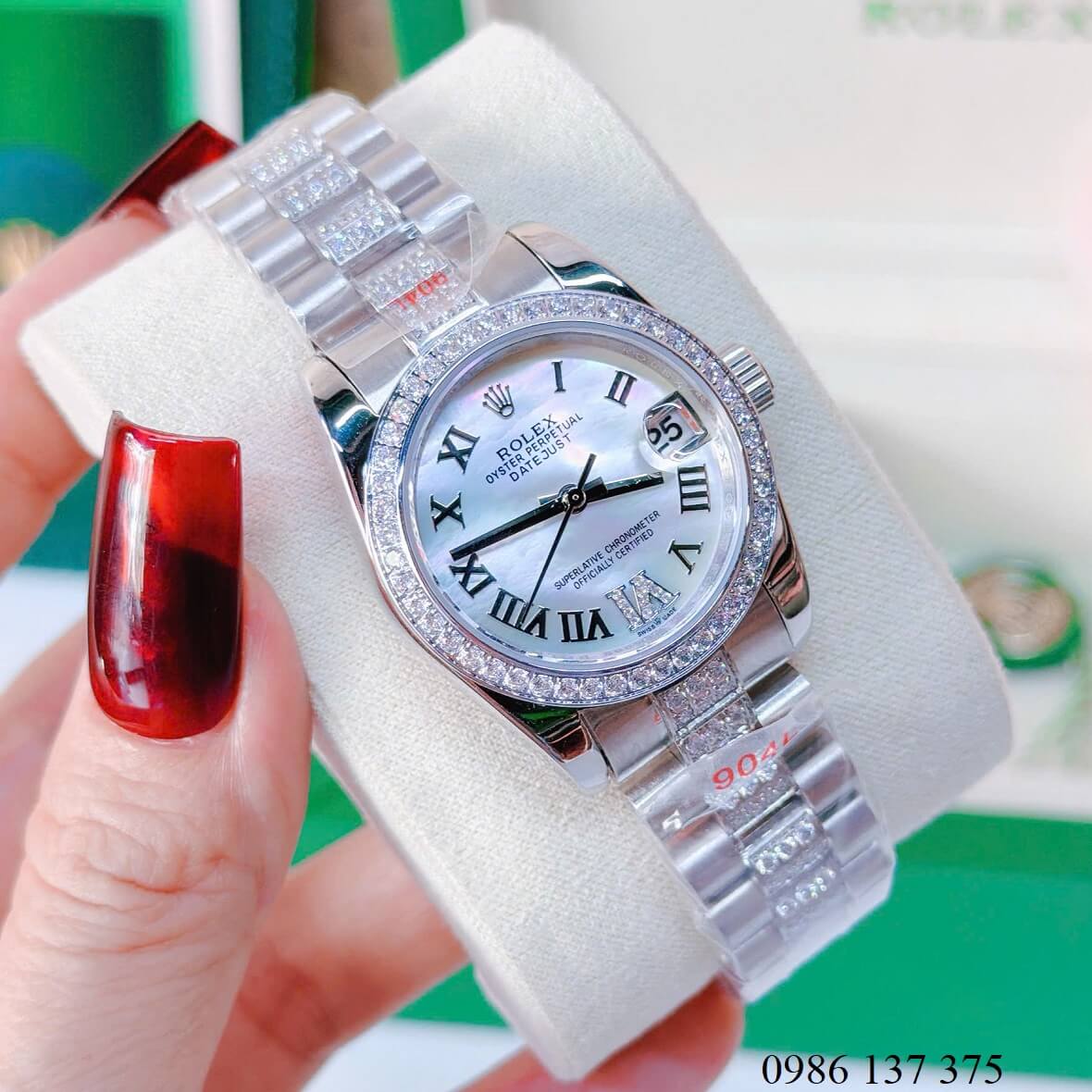Đồng Hồ Nữ Rolex Datejust Viền Đá Mặt Trắng Xà Cừ Dây Kim Loại Inox Đính Đá Size 31mm