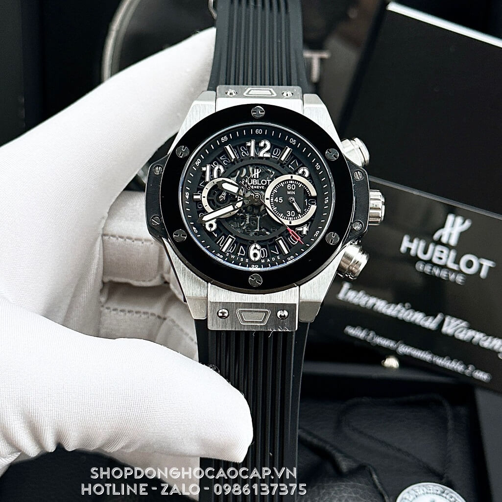 Đồng Hồ Hublot Big Bang Nam Dây Silicon Đen Vỏ Màu Đen Bạc 45mm