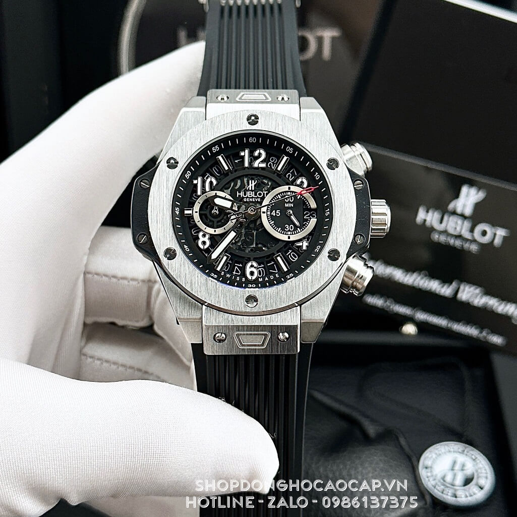 Đồng Hồ Hublot Big Bang Nam Dây Silicon Đen Vỏ Màu Bạc 45mm