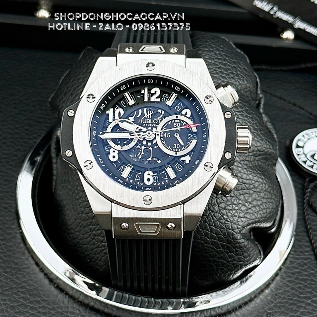Đồng Hồ Hublot Big Bang Quartz Nam Dây Silicon Đen Vỏ Màu Bạc 45mm
