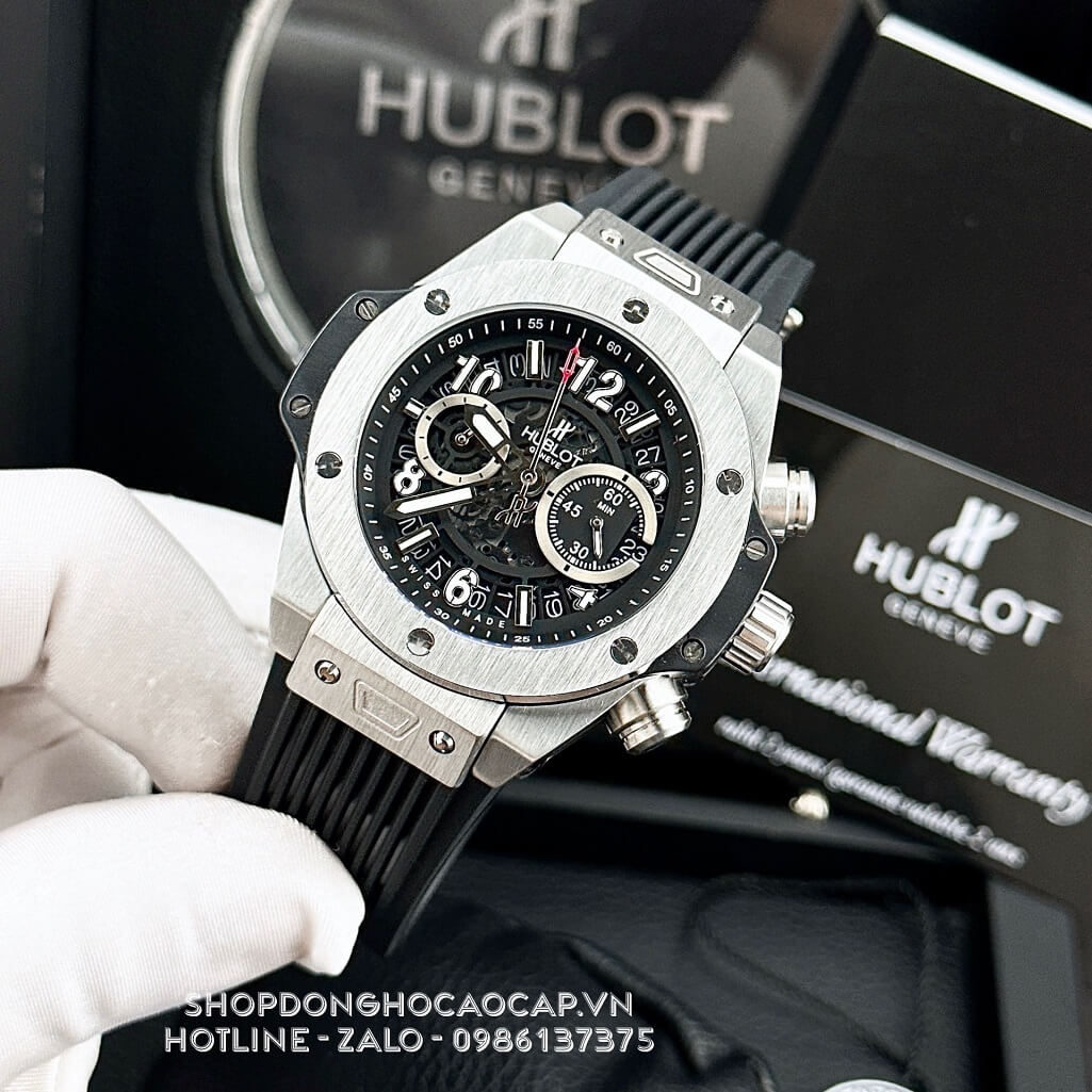 Đồng Hồ Hublot Big Bang Nam Dây Silicon Đen Vỏ Màu Bạc 45mm