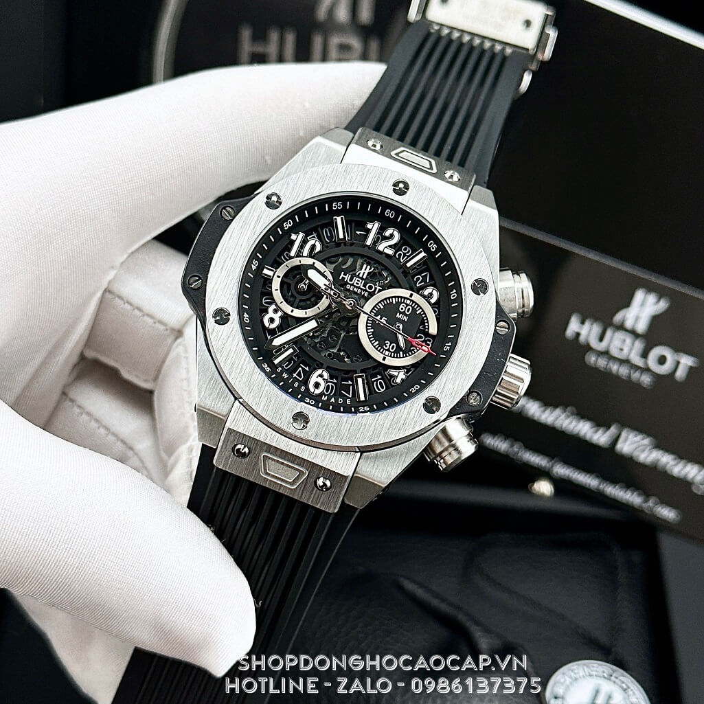 Đồng Hồ Hublot Big Bang Nam Dây Silicon Đen Vỏ Màu Bạc 45mm