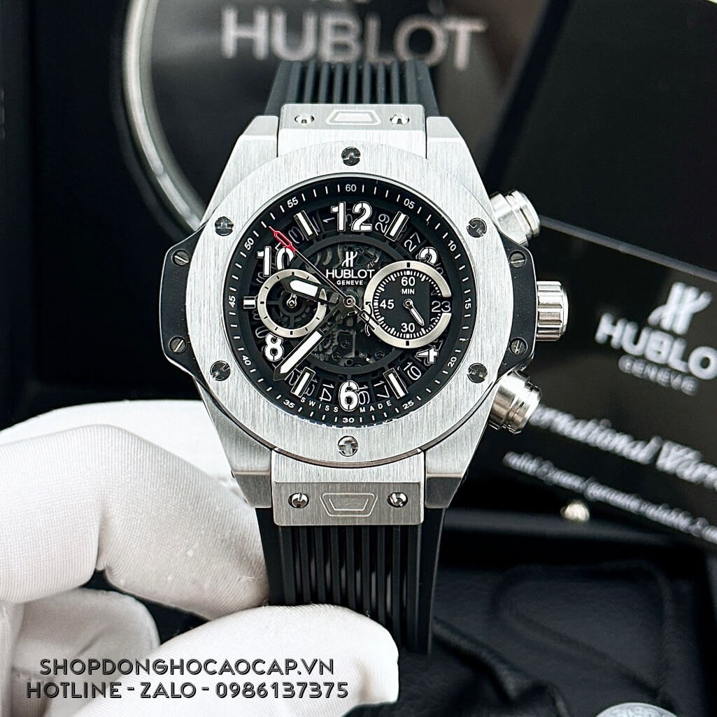 Đồng Hồ Hublot Big Bang Nam Dây Silicon Đen Vỏ Màu Bạc 45mm