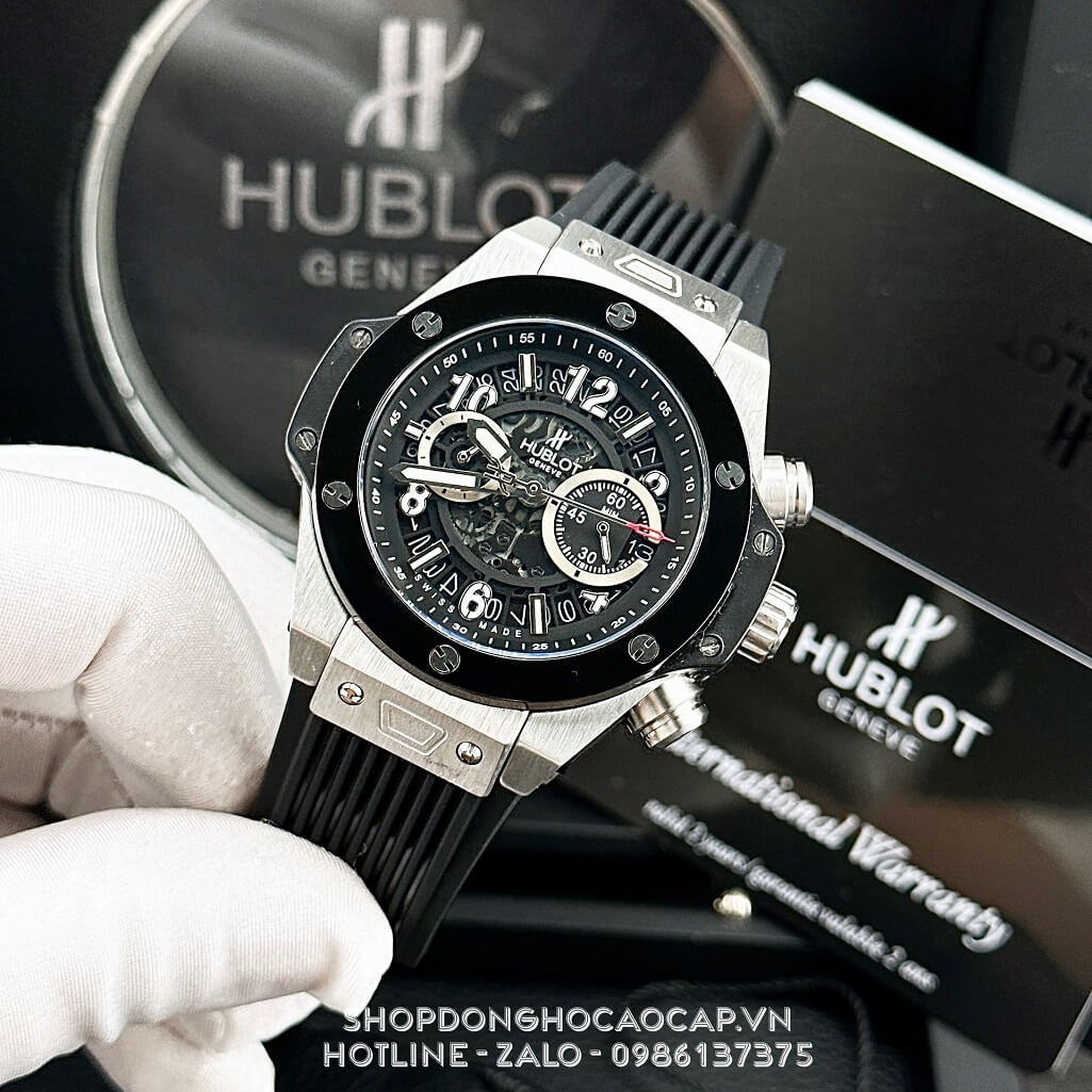 Đồng Hồ Hublot Big Bang Nam Dây Silicon Đen Vỏ Màu Đen Bạc 45mm