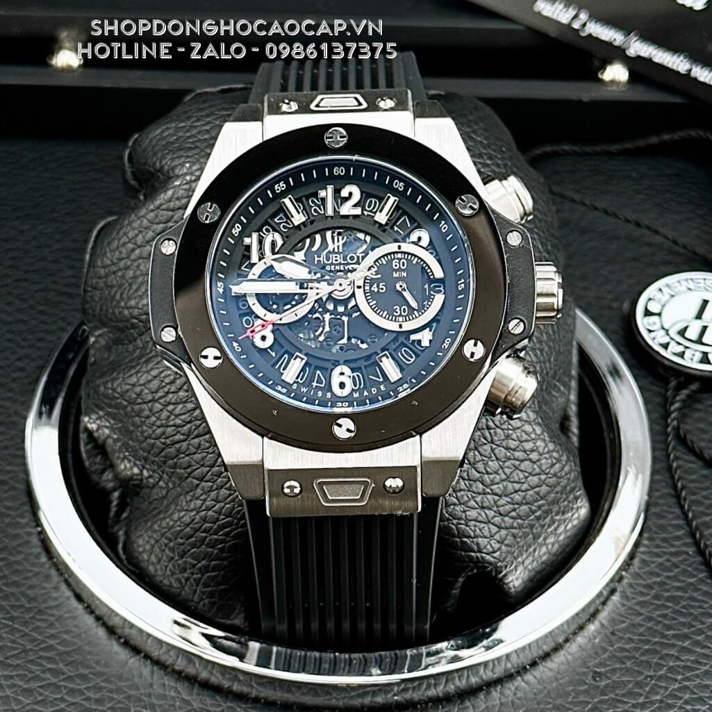 Đồng Hồ Hublot Big Bang Quartz Nam Dây Silicon Đen Vỏ Màu Đen Bạc 45mm