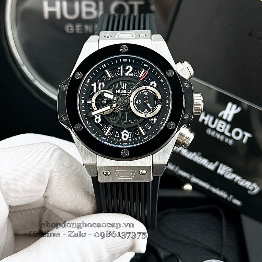 Đồng Hồ Hublot Big Bang Nam Dây Silicon Đen Vỏ Màu Đen Bạc 45mm