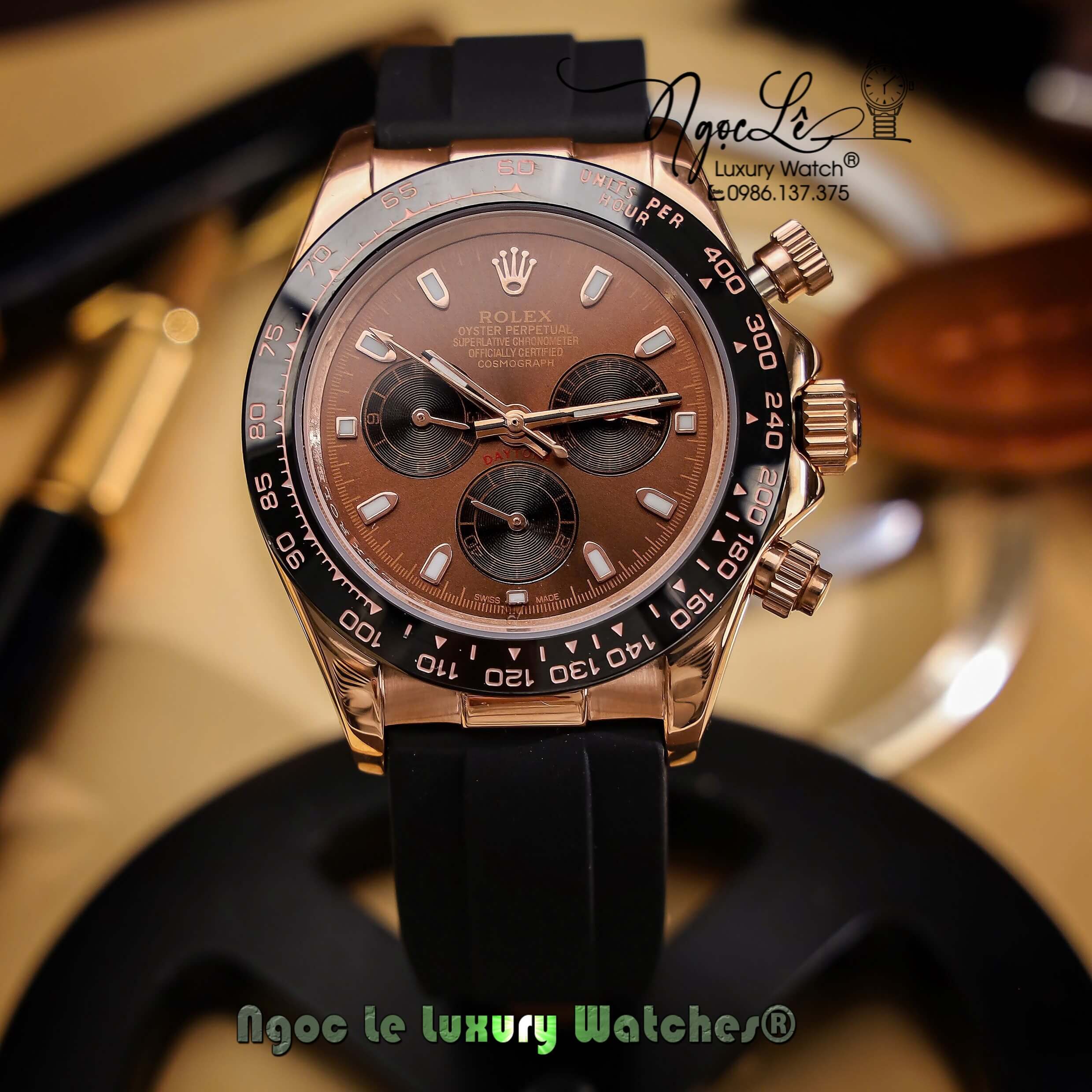 Đồng Hồ Rolex Daytona Automatic Nam Silicon Đen Mặt Nâu Vỏ Rose Size 40mm