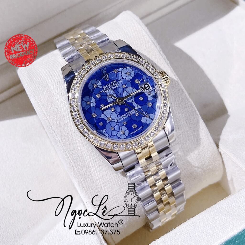 Đồng Hồ Rolex Datejust Pin Nữ Mặt Số Họa Tiết Hoa Xanh Dương Size 31mm