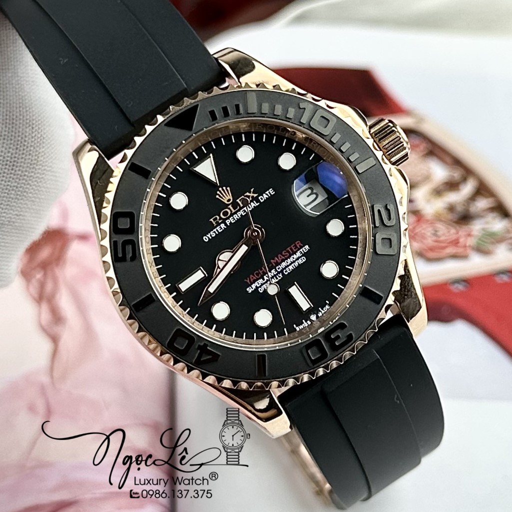 Đồng Hồ Rolex Yacht Master Nam Tự Động Dây Cao Su Đen Rose Gold 40mm