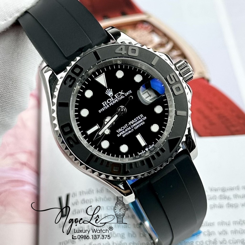 Đồng Hồ Rolex Yacht Master Nam Tự Động Dây Cao Su Đen Silver 40mm