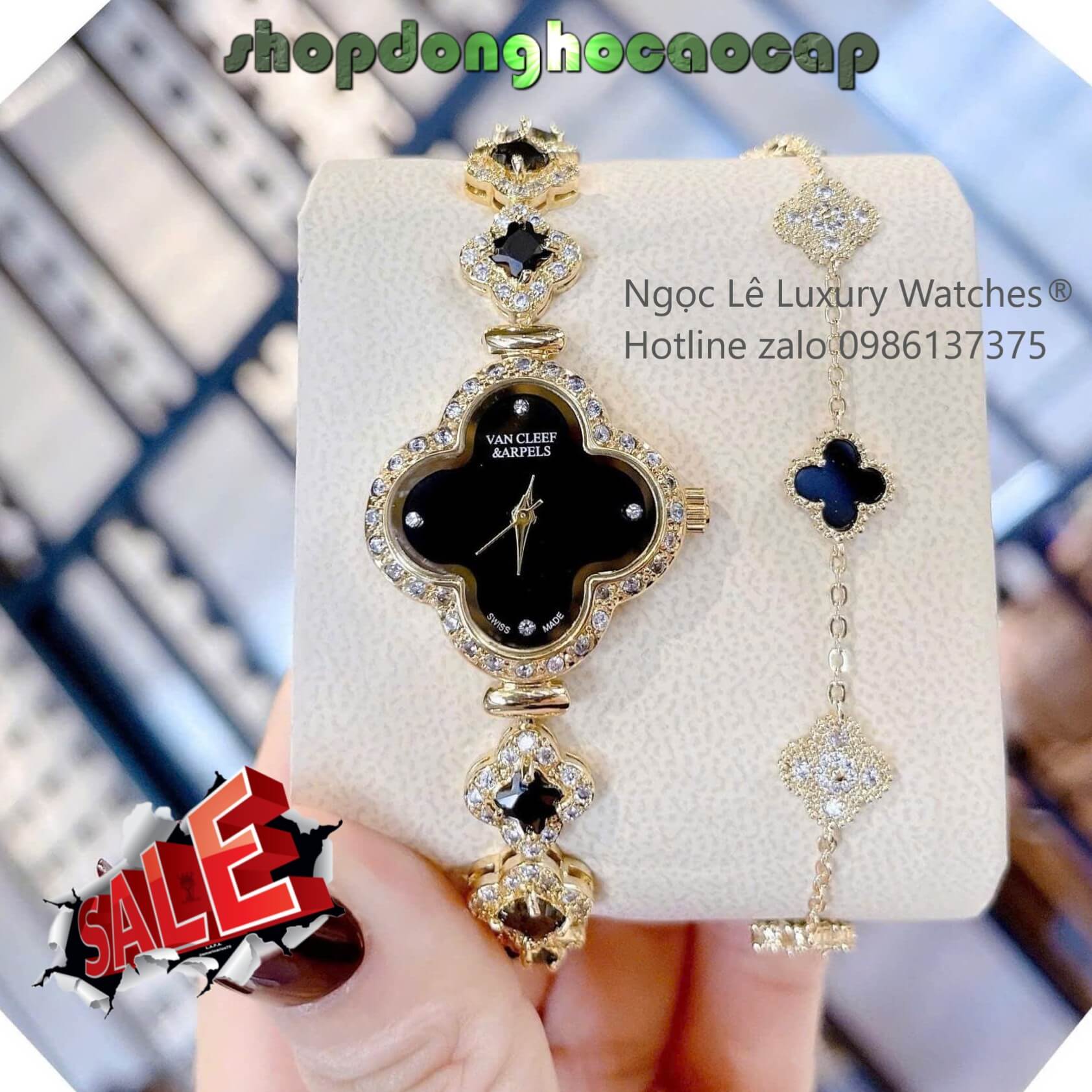 Đồng Hồ Van Cleef & Arpels Cỏ 4 Lá Màu Đen Vỏ Vàng Size 27mm - Đồng Hồ Lắc Tay Nữ