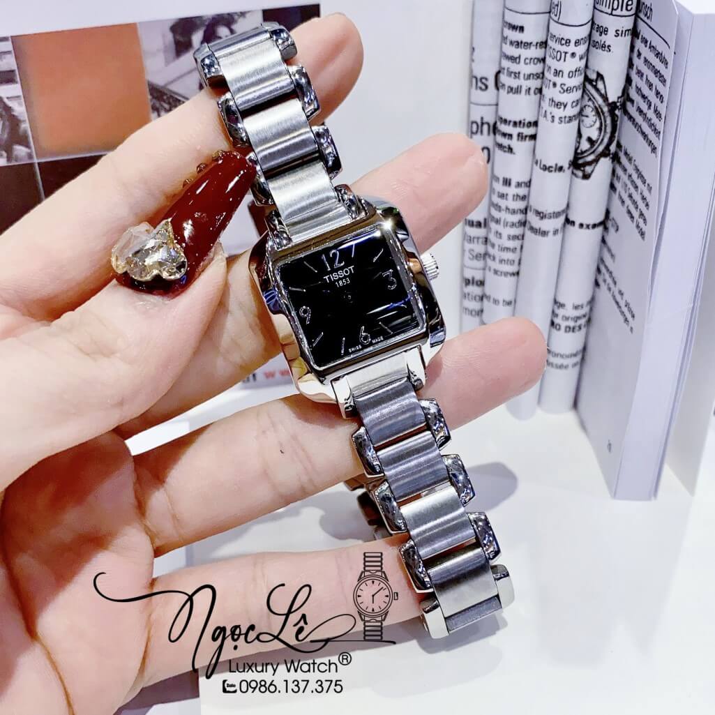 Đồng Hồ Tissot Nữ Dây Bạc Mặt Vuông Đen Size 22mm Cao Cấp