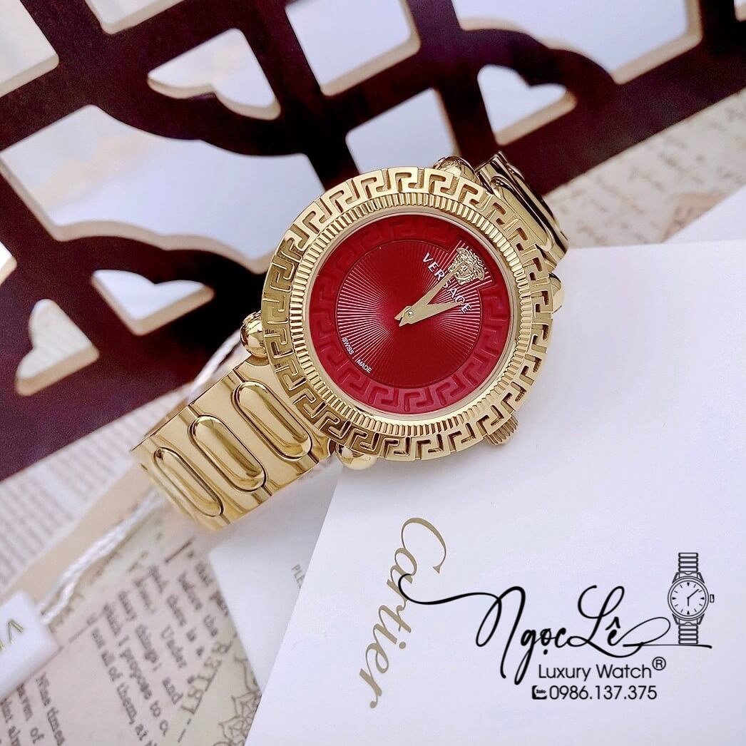 Đồng Hồ Nữ Versace Greca Twist Dây Kim Loại Vàng Mặt Đỏ Size 35mm