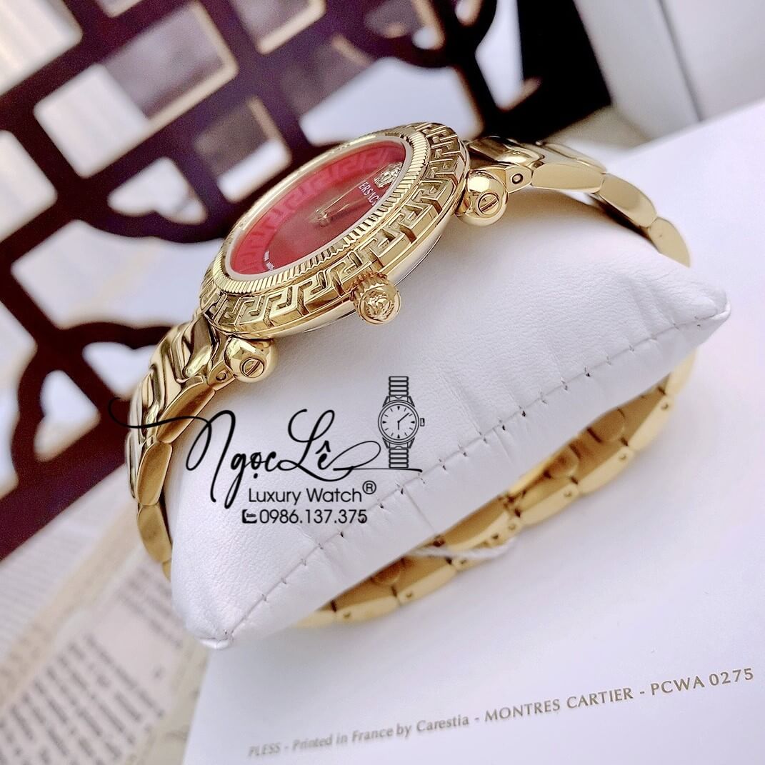 Đồng Hồ Nữ Versace Greca Twist Dây Kim Loại Vàng Mặt Đỏ Size 35mm