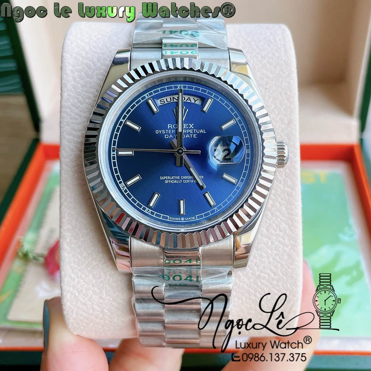 Đồng Hồ Rolex Day-Date Automatic Nam Dây Kim Loại Bạc Mặt Xanh Niềng Khía Size 41mm