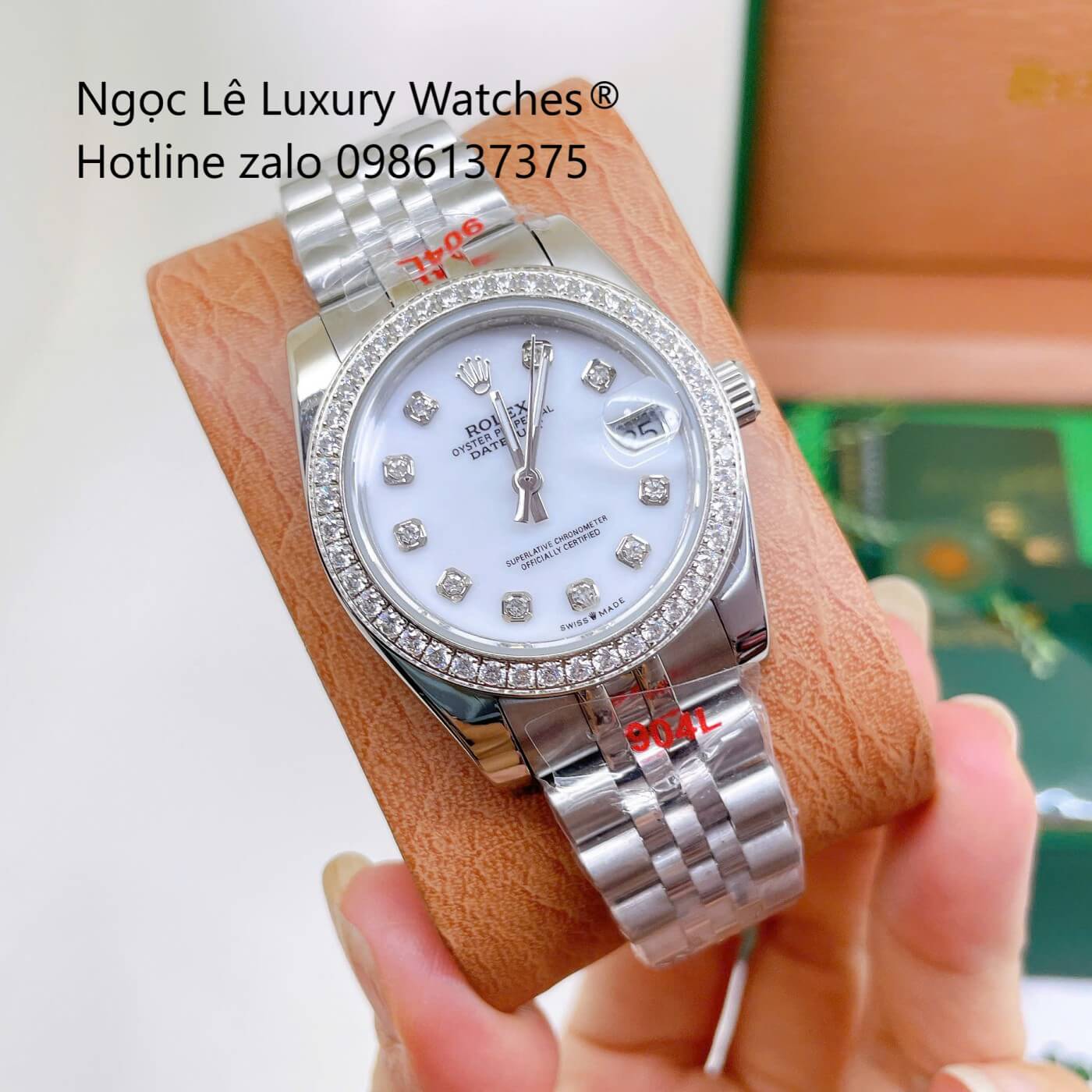 Đồng Hồ Cặp Rolex Datejust Dây Thép Silver Mặt Xà Cừ Trắng Niềng Đính Đá Size 41mm - 31mm - Quartz