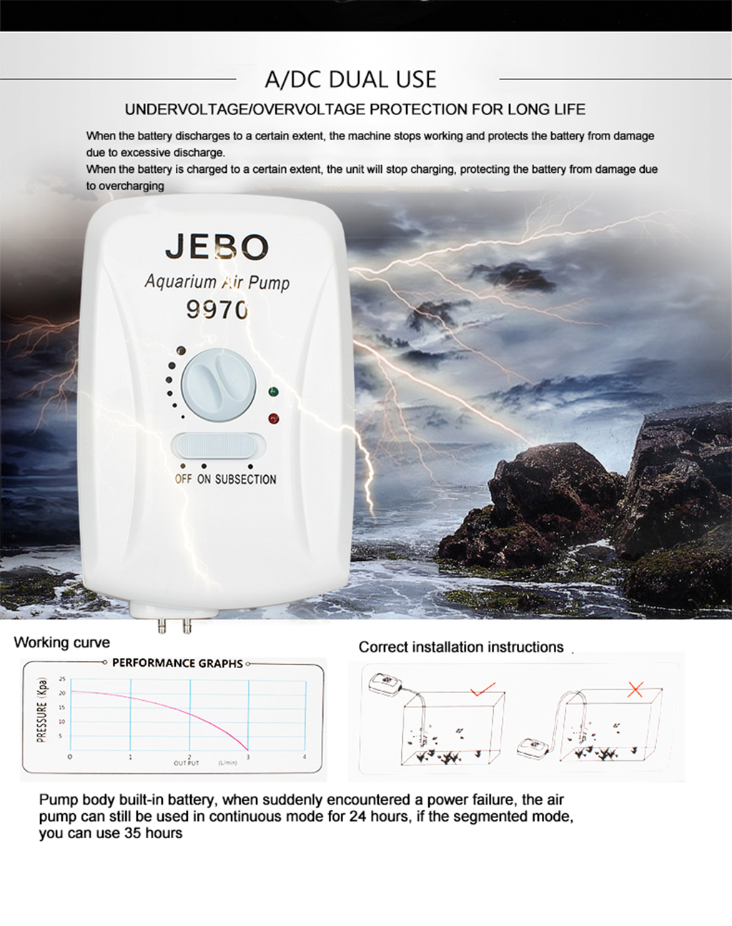 JEBO - AC/DC Air Pump Dual Use (9970) | Máy Oxy pin hồ cá thủy sinh