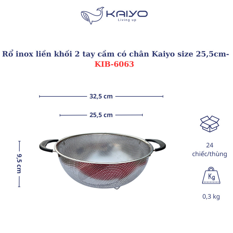 Rổ inox 2 tay cầm có chân Kaiyo 25,5cm