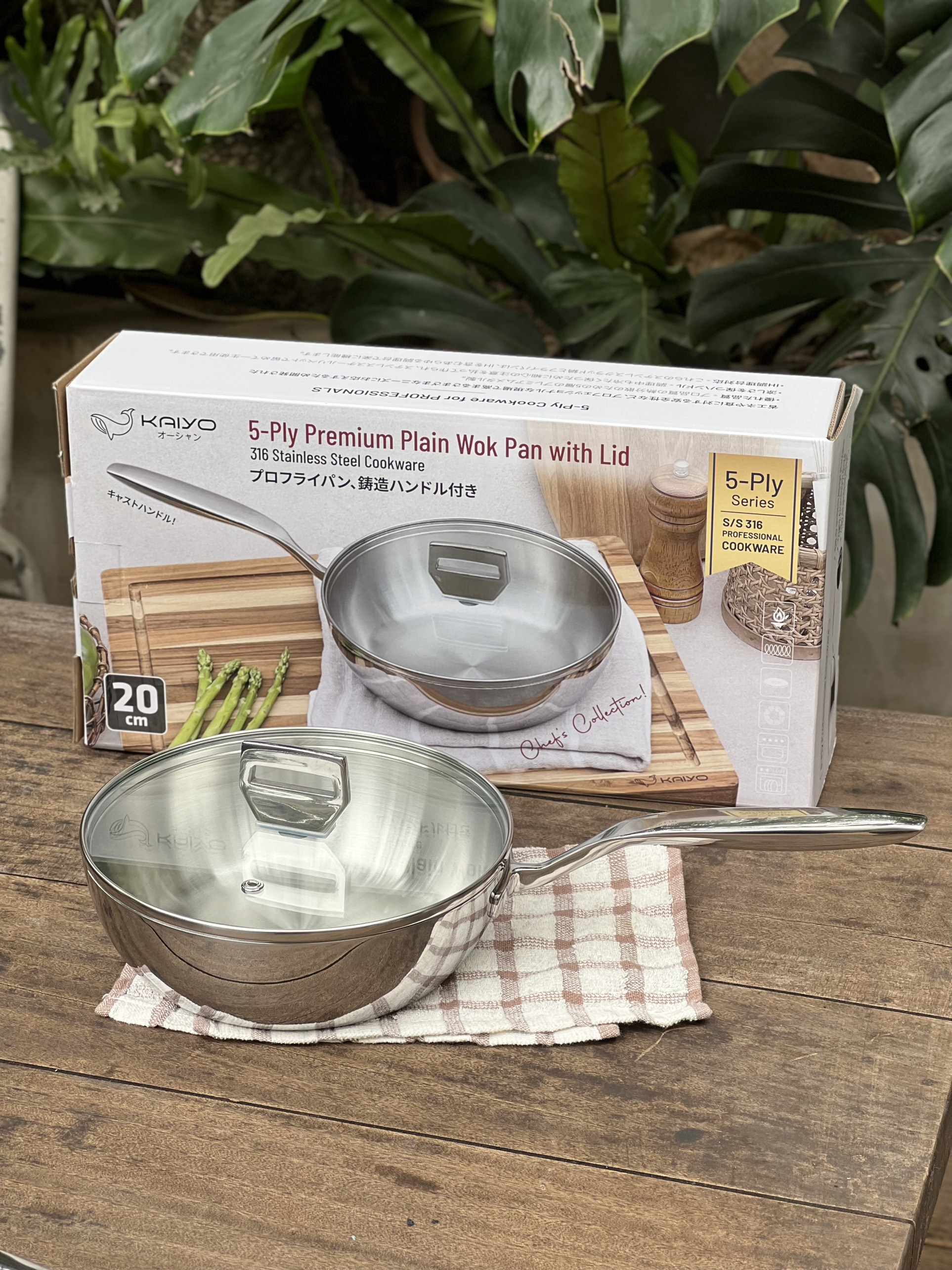 Chảo inox 316 liền khối 5-ply Premium Kaiyo -sâu lòng có vung kính 20cm