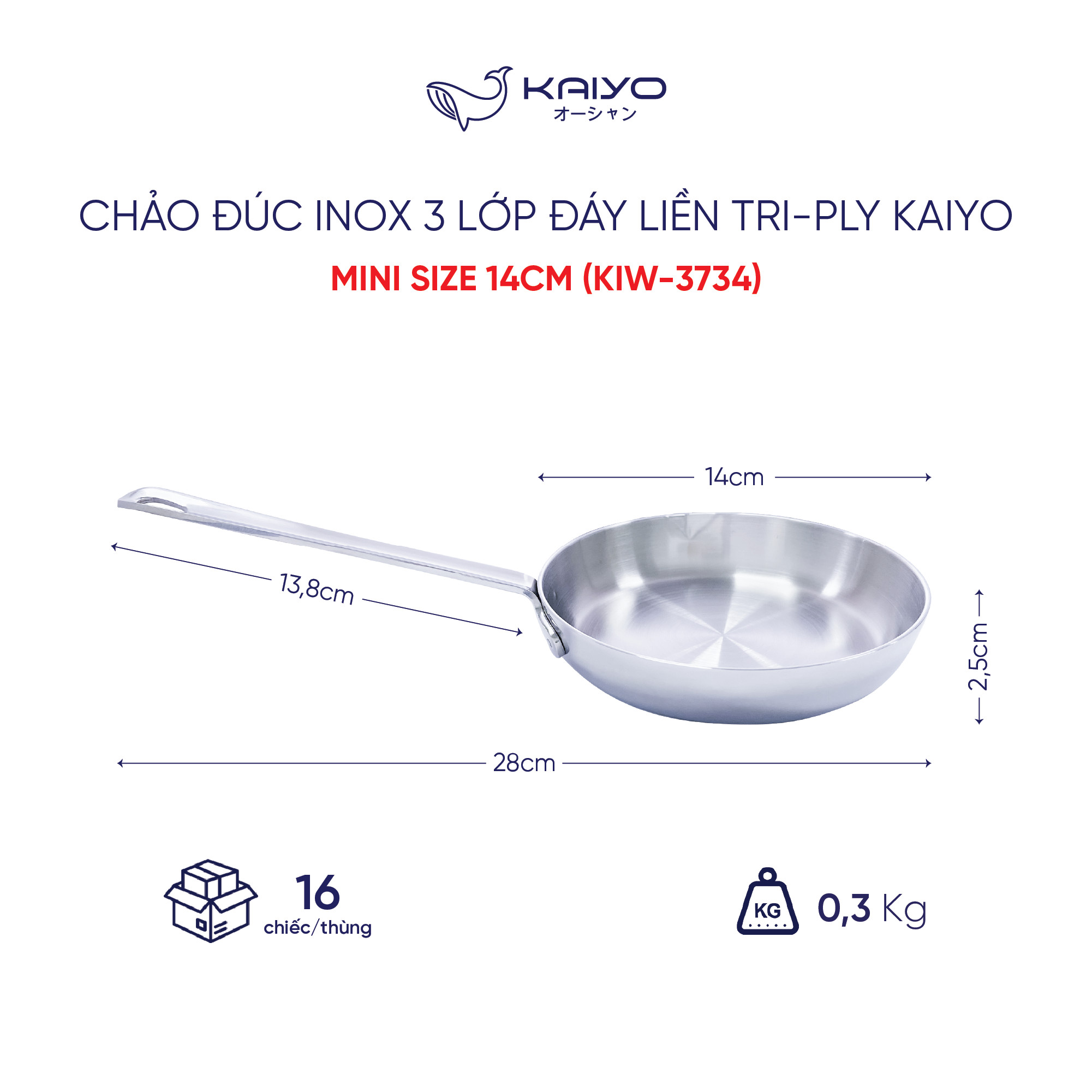Chảo đúc inox 3 lớp đáy liền Tri-Ply Kaiyo, mini size 14cm