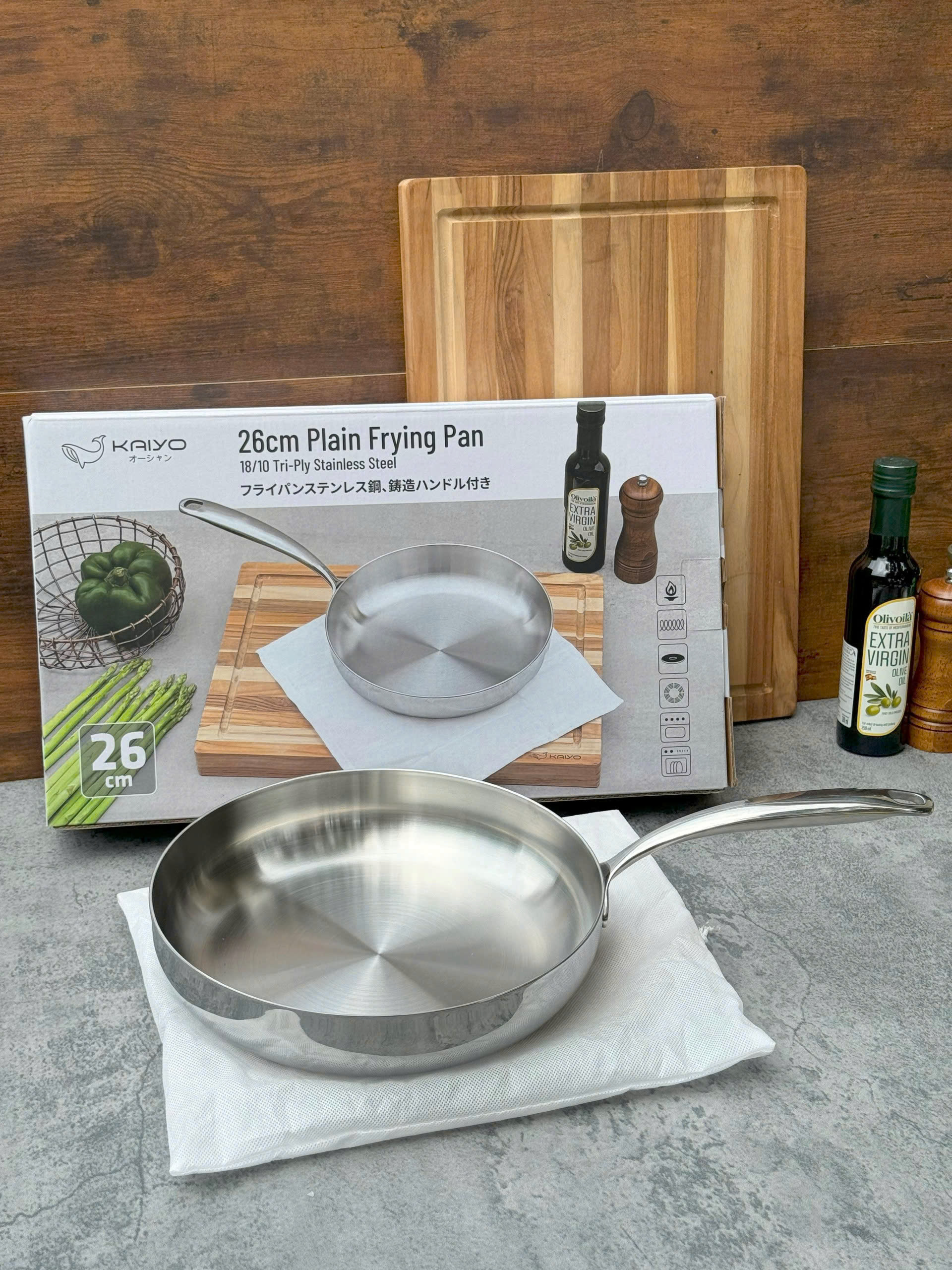 Chảo đúc inox 3 lớp đáy liền Tri-ply Kaiyo, dáng cạn size 26cm