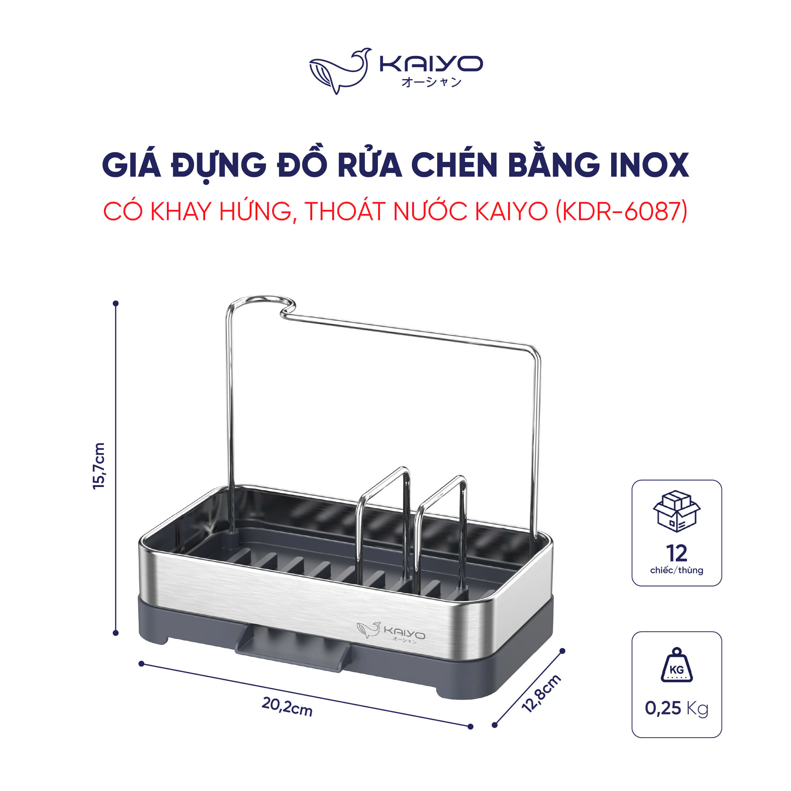 Giá đựng đồ rửa chén bằng inox có khay hứng, thoát nước Kaiyo