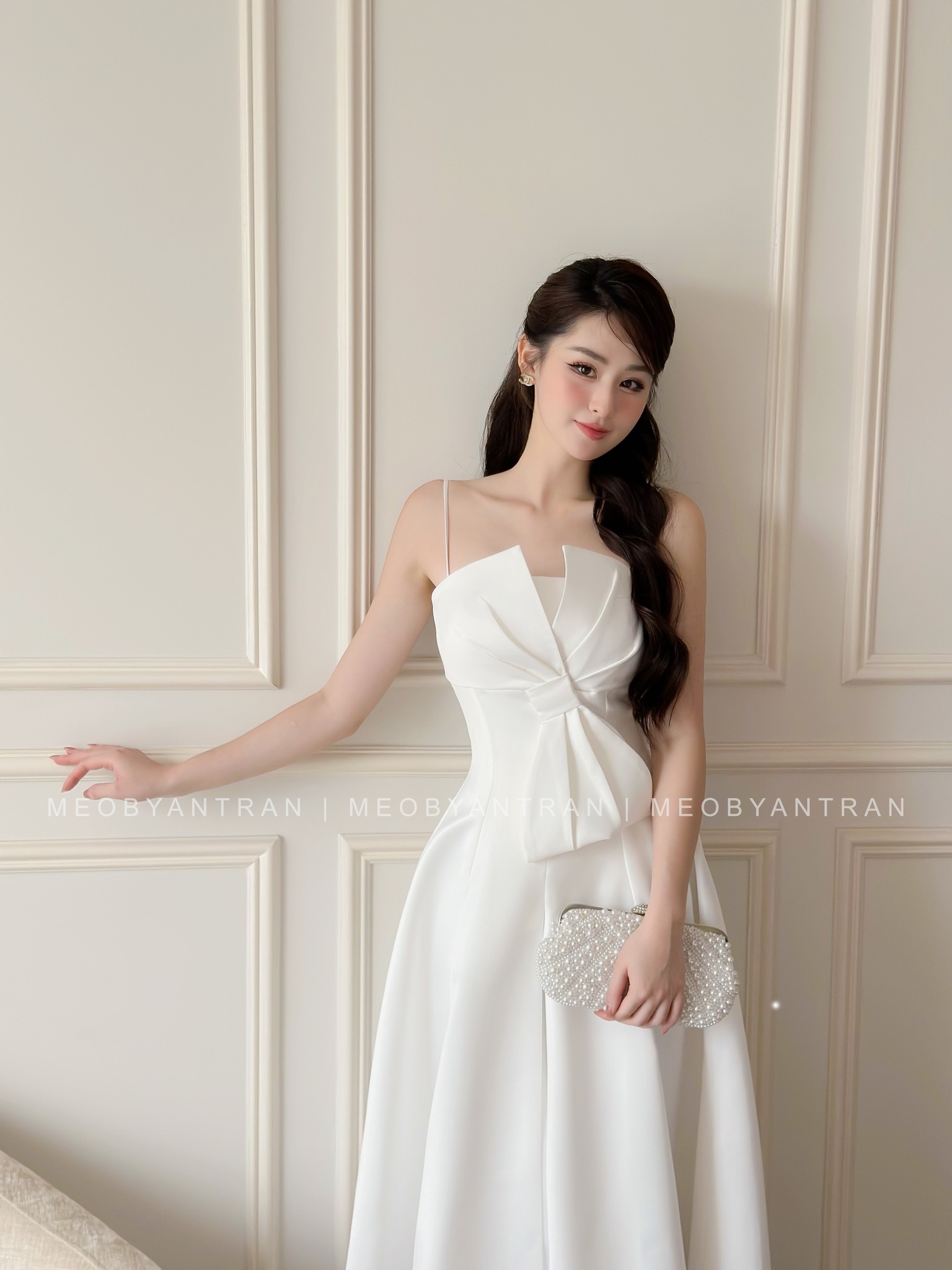 Đầm voan xanh hoa trắng, cột dây eo | Thời Trang L'Lis
