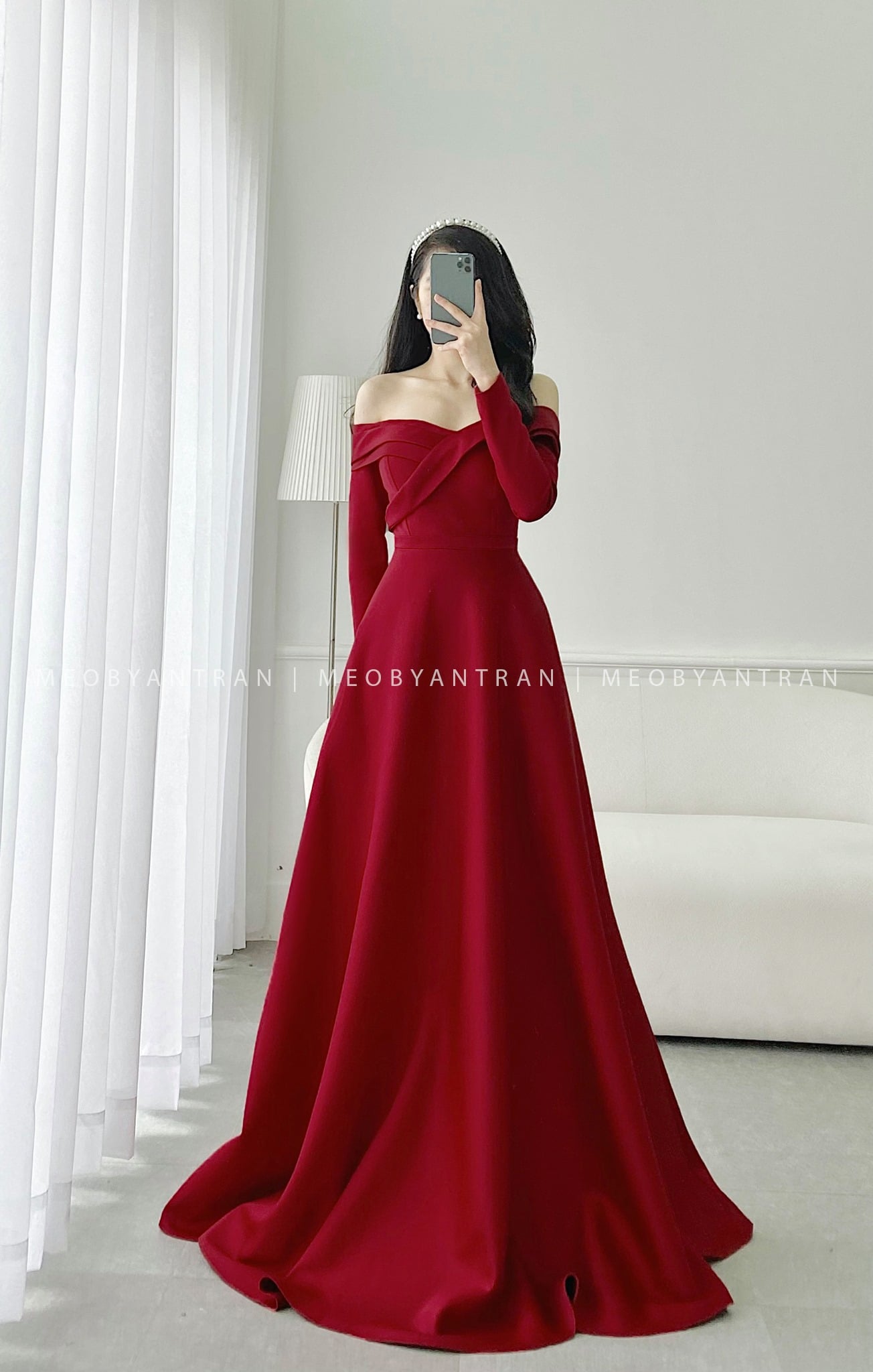 Chân váy xòe dài bản eo cao màu đỏ tươi - C1136
