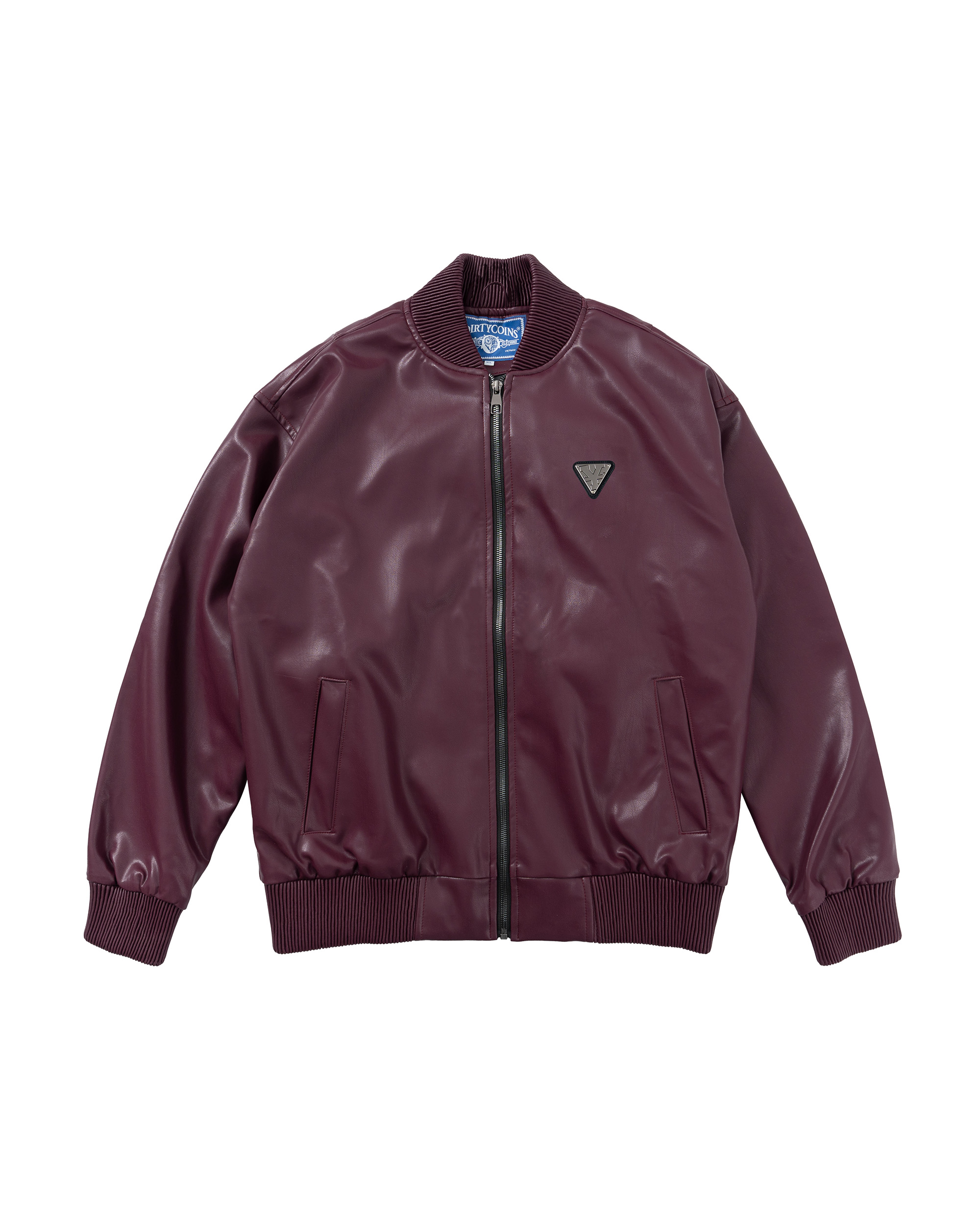 Metal Label Leather Jacket - Burgundy