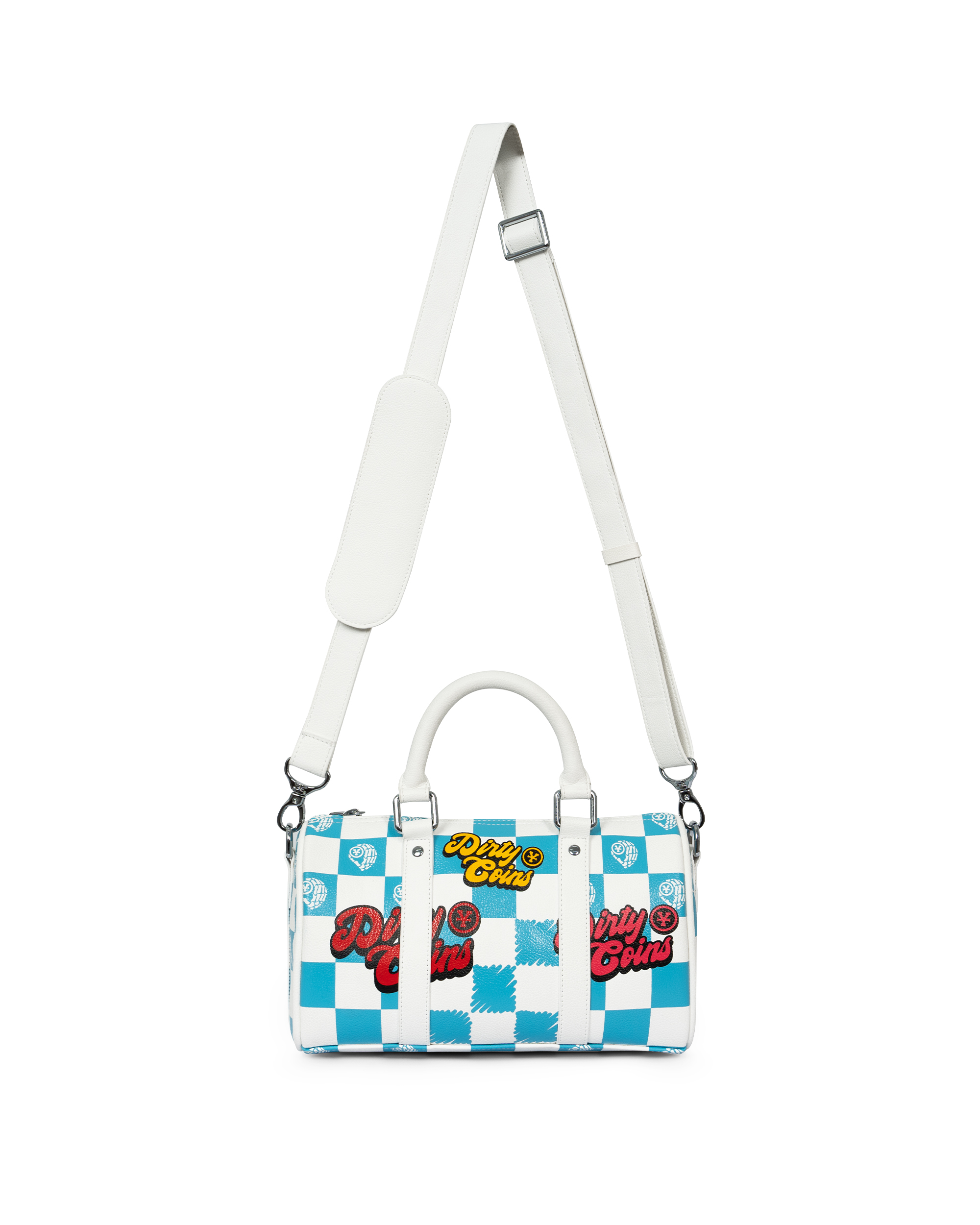 Checkerboard Print Mini Bowler Bag - White/Blue