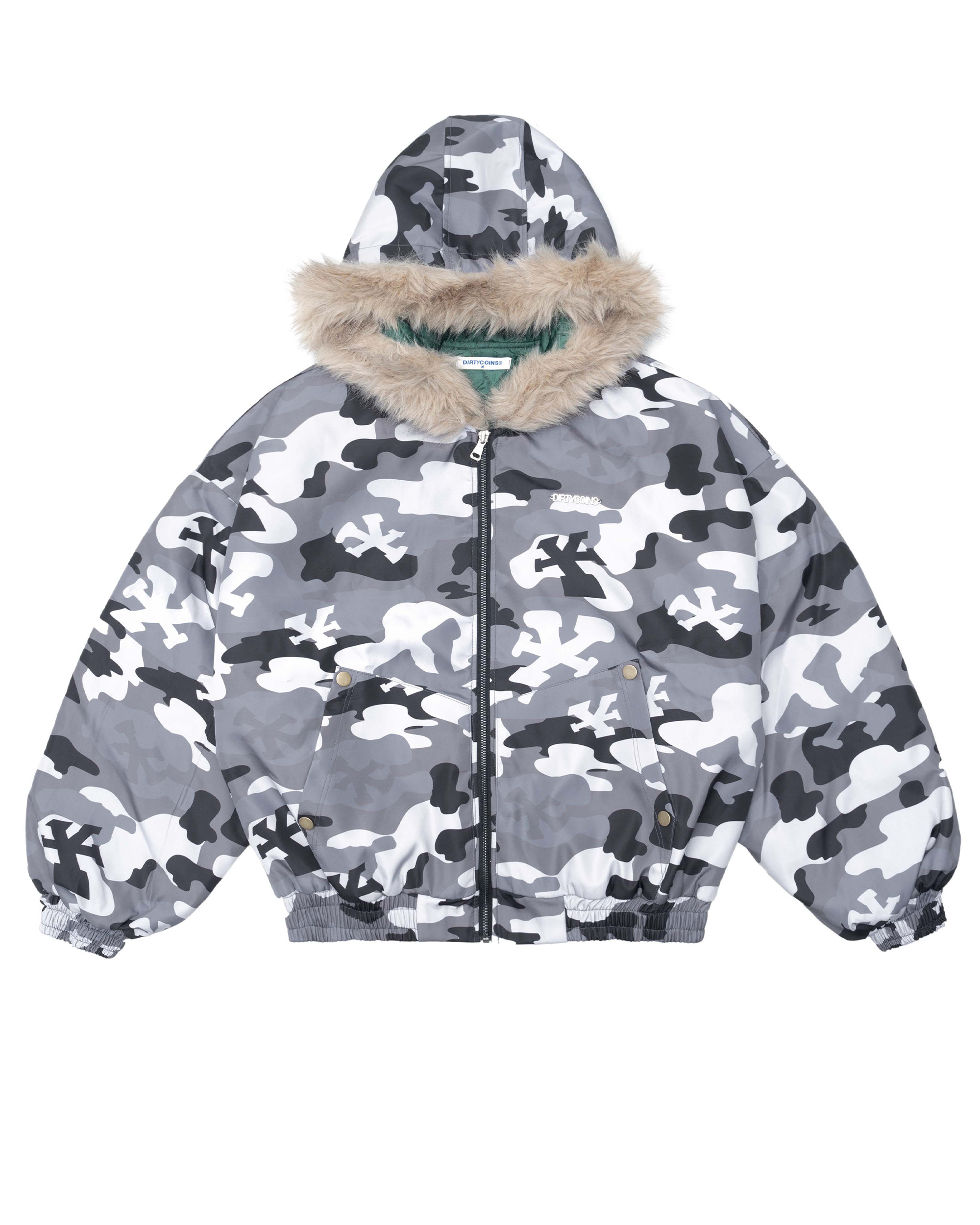 DCxRS Camo Fur Hooded Bomber Jacket - Grey