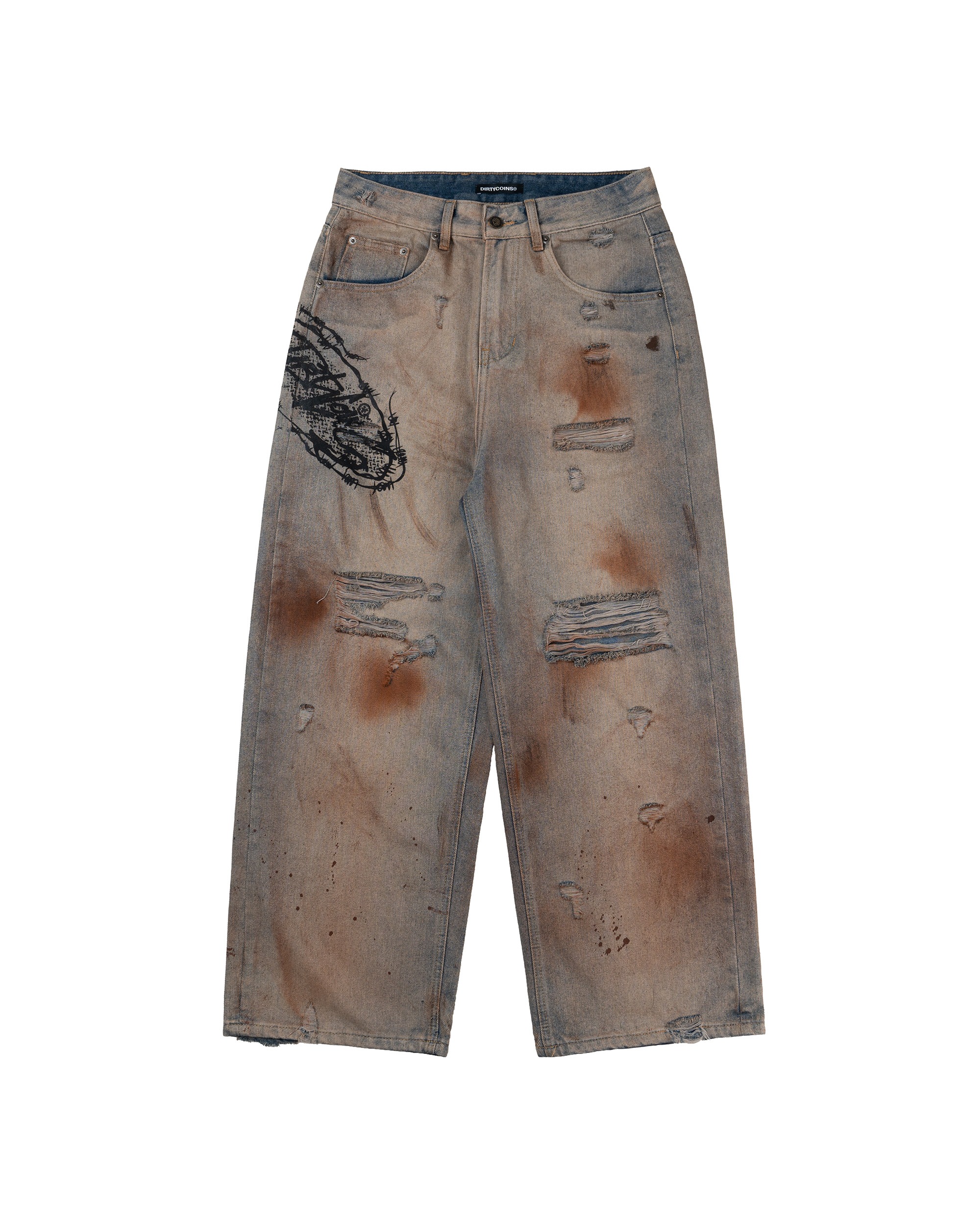 DirtyCoins Stain Disstress Baggy Denim Pants Faded Blue