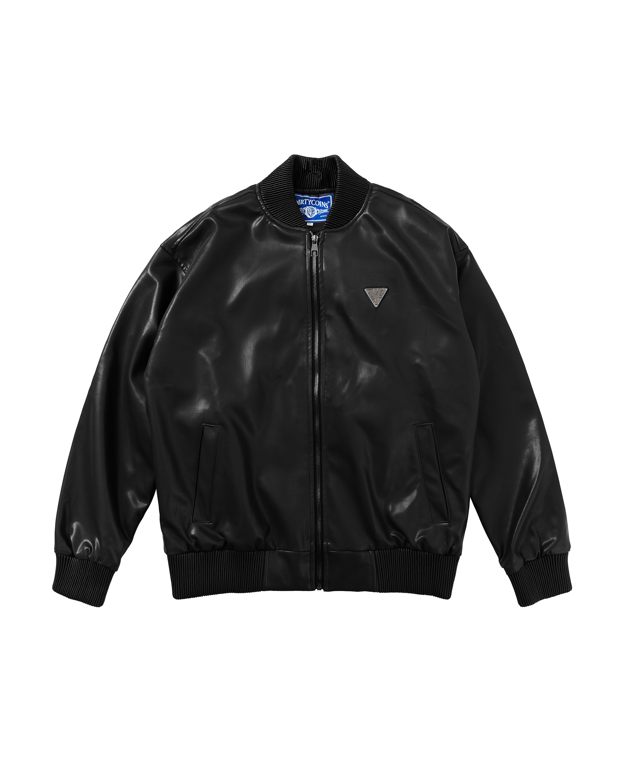 Metal Label Leather Jacket - Black