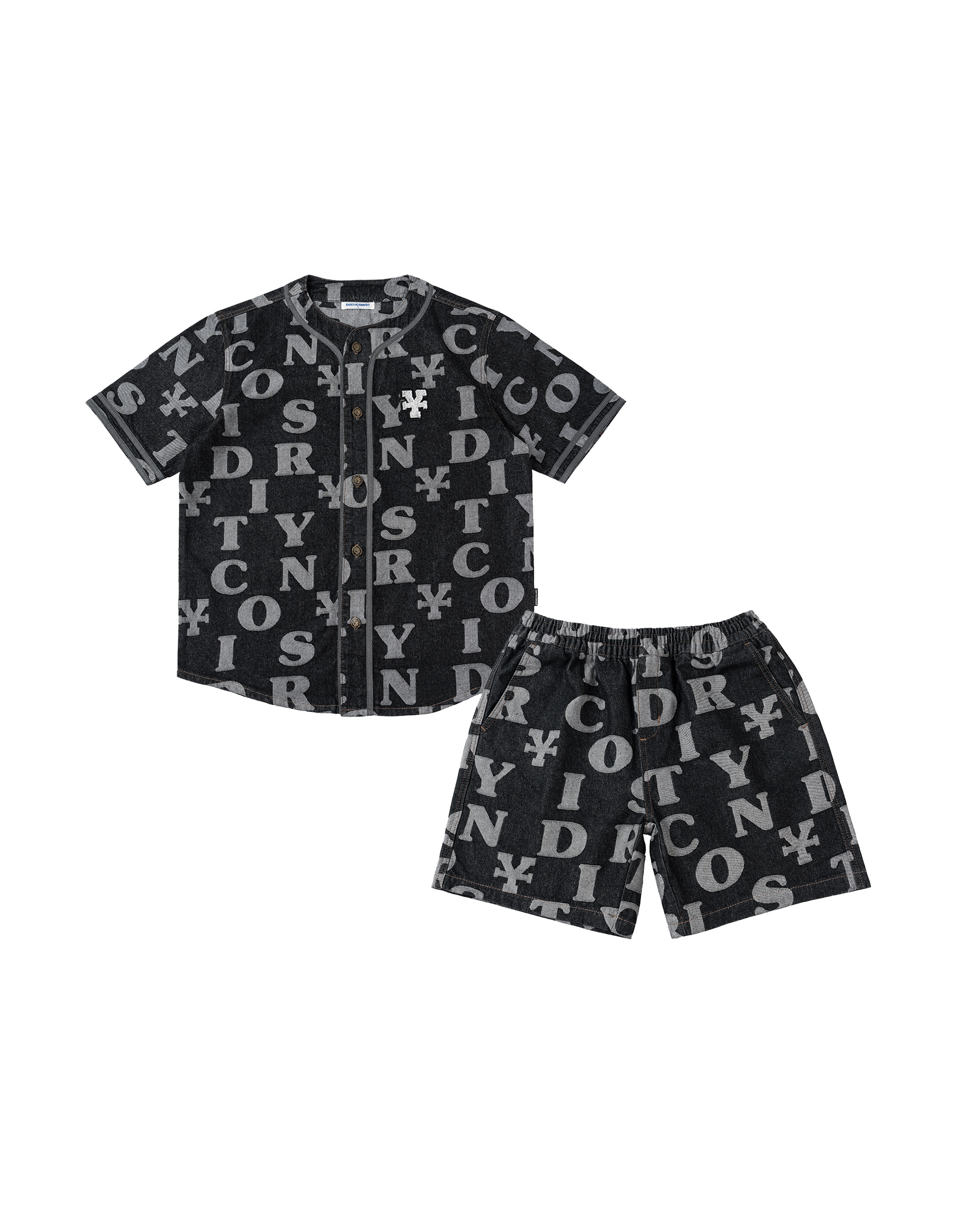 Combo Letters Monogram Denim Jersey Shirt - Black + Denim Short - Black