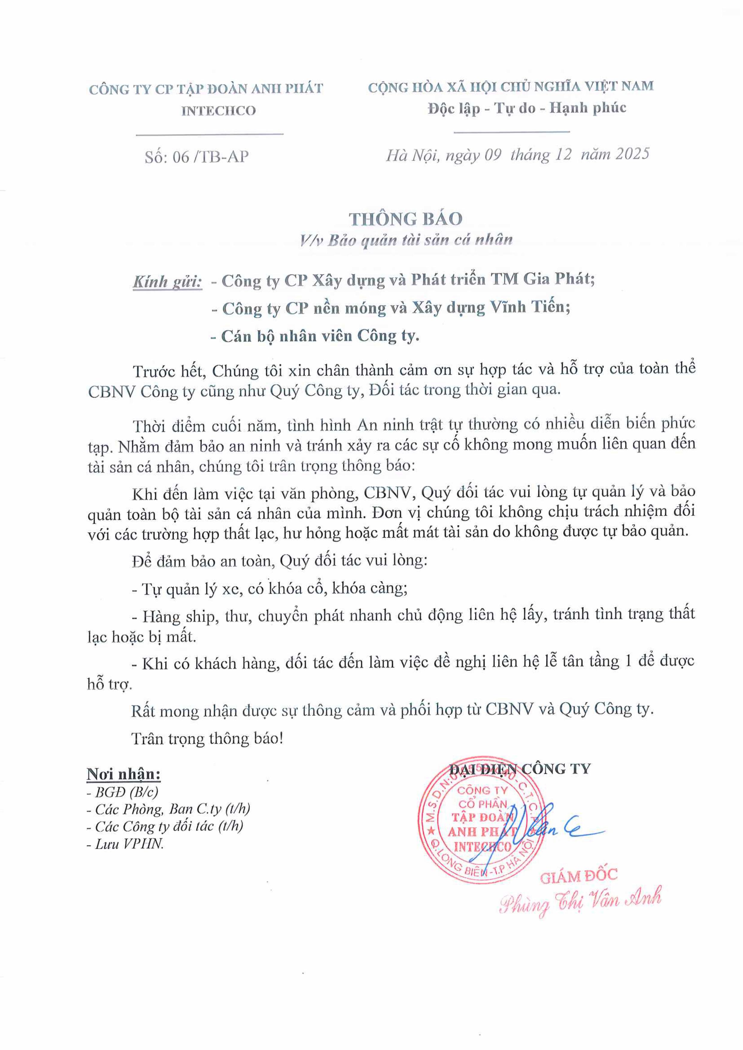 CÔNG TY CỔ PHẦN TẬP ĐOÀN ANH PHÁT INTECHCO THÔNG BÁO VỀ VIỆC QUẢ LÝ, TỰ BẢO QUẢN TÀI SẢN TRONG THỜI GIAN LÀM VIỆC TẠI TRỤ SỞ CÔNG TY