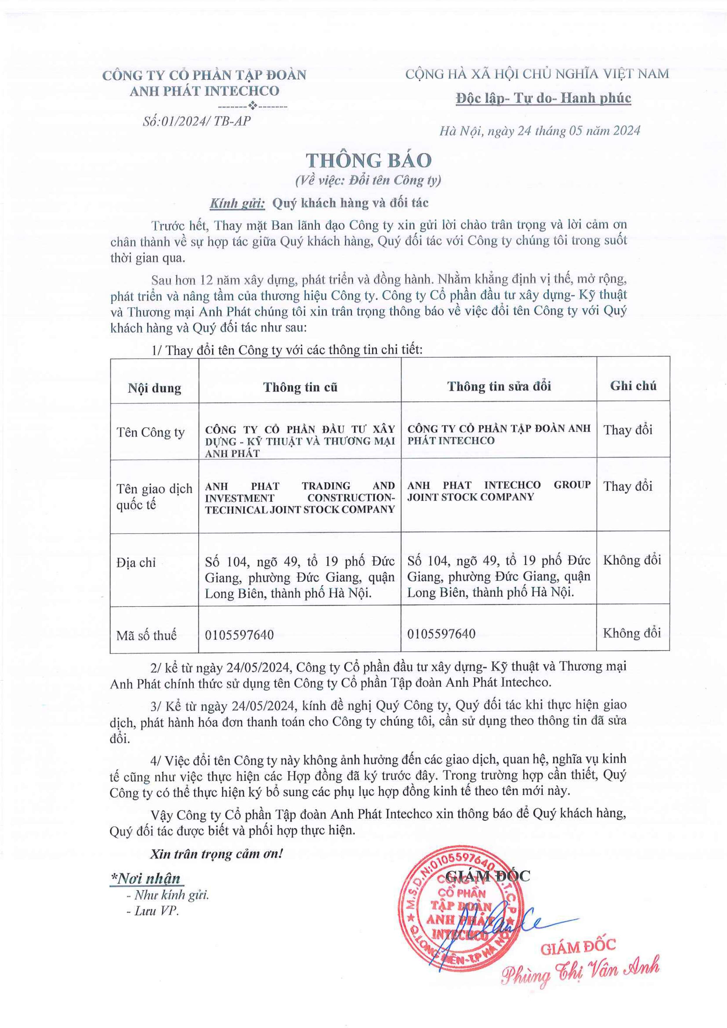 THÔNG BÁO ĐỔI TÊN CÔNG TY ANH PHÁT INTECHCO