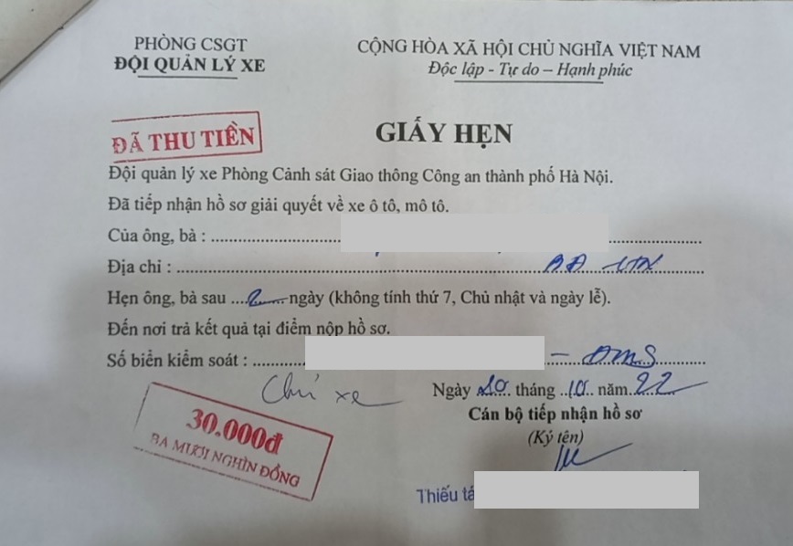 Giấy hẹn trả kết quả thủ tục đổi màu sơn xe ô tô