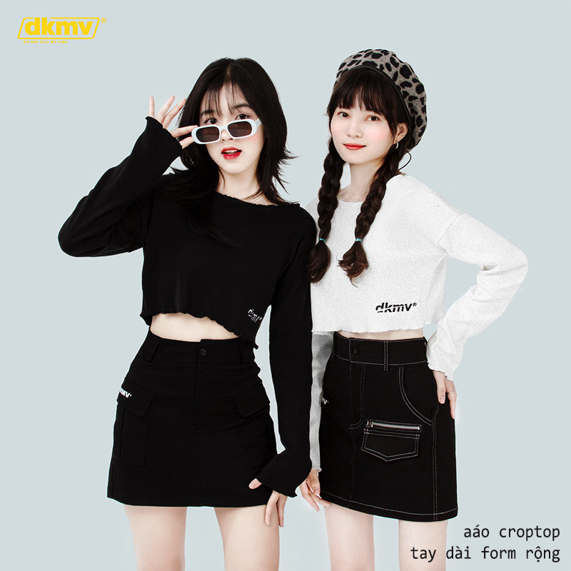 aáo croptop tay dài form rộng màu trắng dkmv