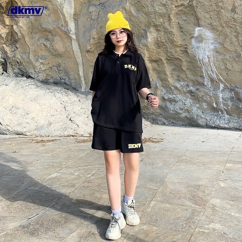 áo thun polo nữ form rộng màu đen academy polo