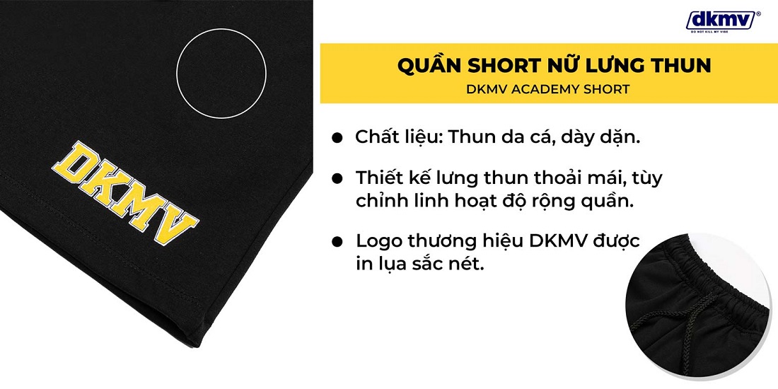 quần short nữ lưng thun màu đen academy short
