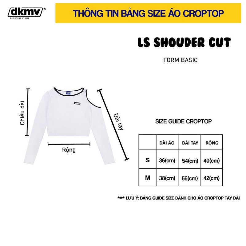 thông tin size áo croptop tay dài ôm body trễ vai màu trắng dkmv streetwear