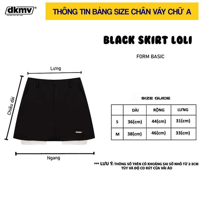 thông tin size chân váy ngắn chữ a màu đen dkmv skirt loli black streetwear