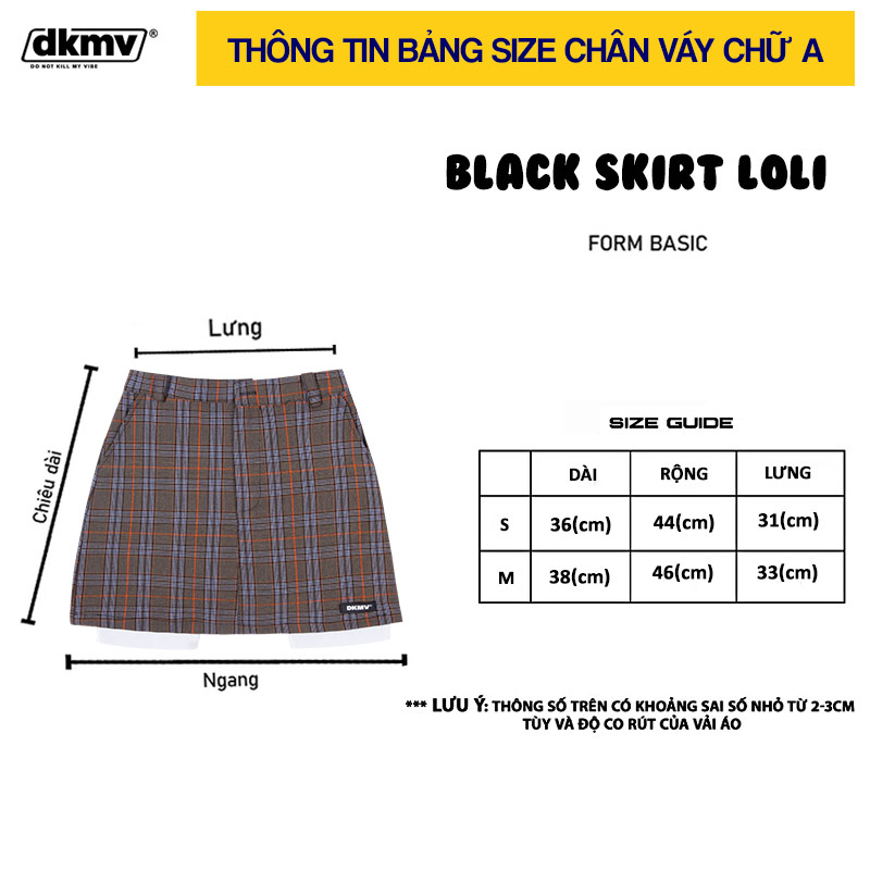 thông tin size chân váy chữ a caro dkmv skirt loli checked streetwear