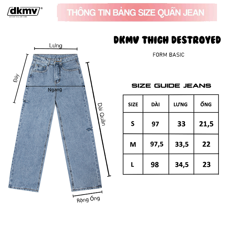 thông tin size quần jean dài ống rộng dkmv thigh destroyed jeans streetwear
