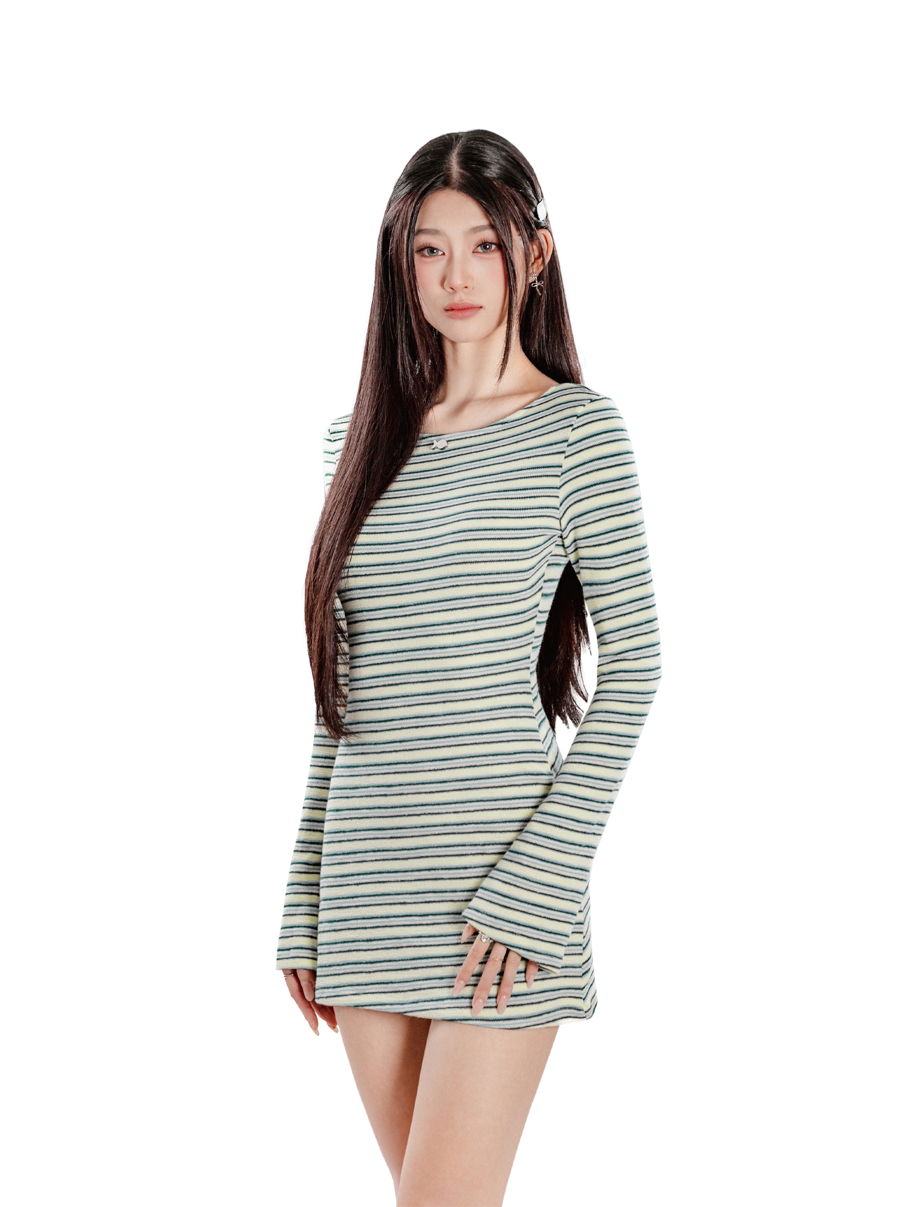 Đầm tay loe kiểu nữ khoét lưng buộc nơ DKMV len sọc chéo