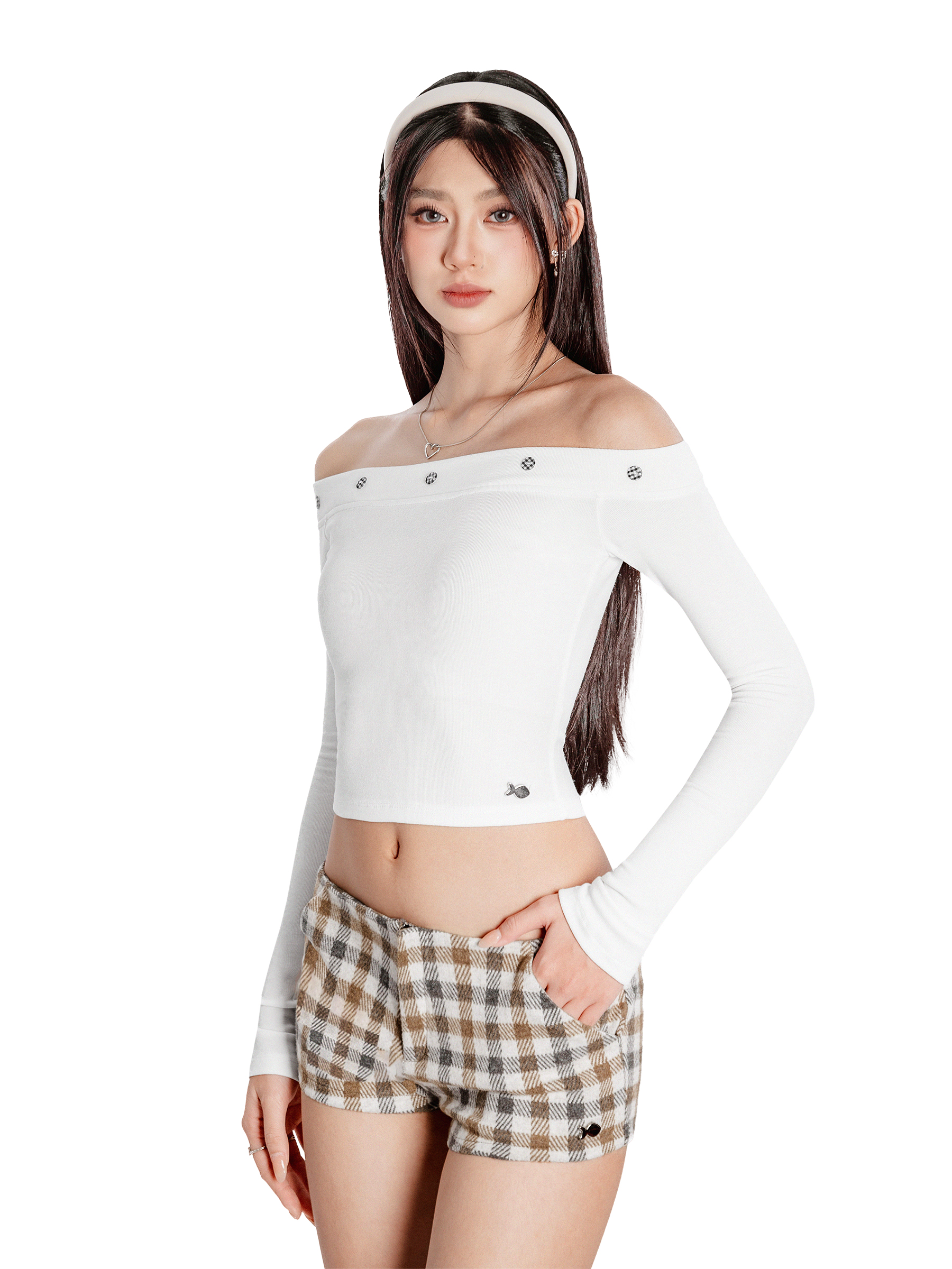 Áo kiểu nữ trễ vai DKMV dài tay phối cúc ngang vai
