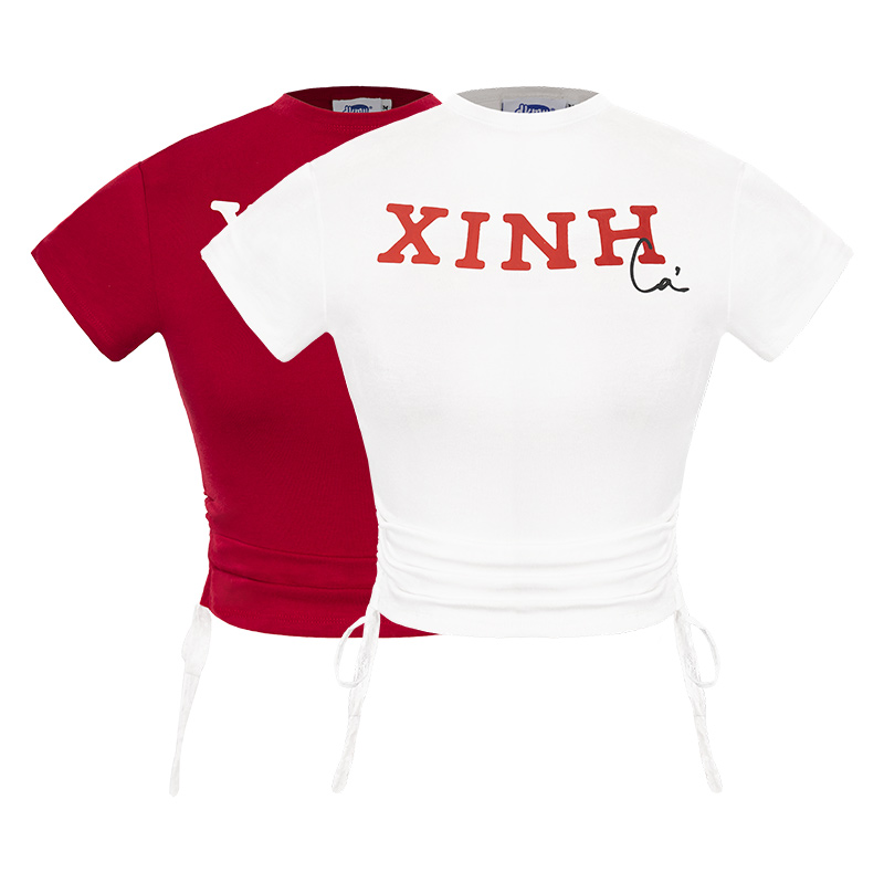 Áo baby tee nữ cổ cao dây rút DKMV màu trắng, đỏ hình in chữ có dây thắt nơ đáng yêu